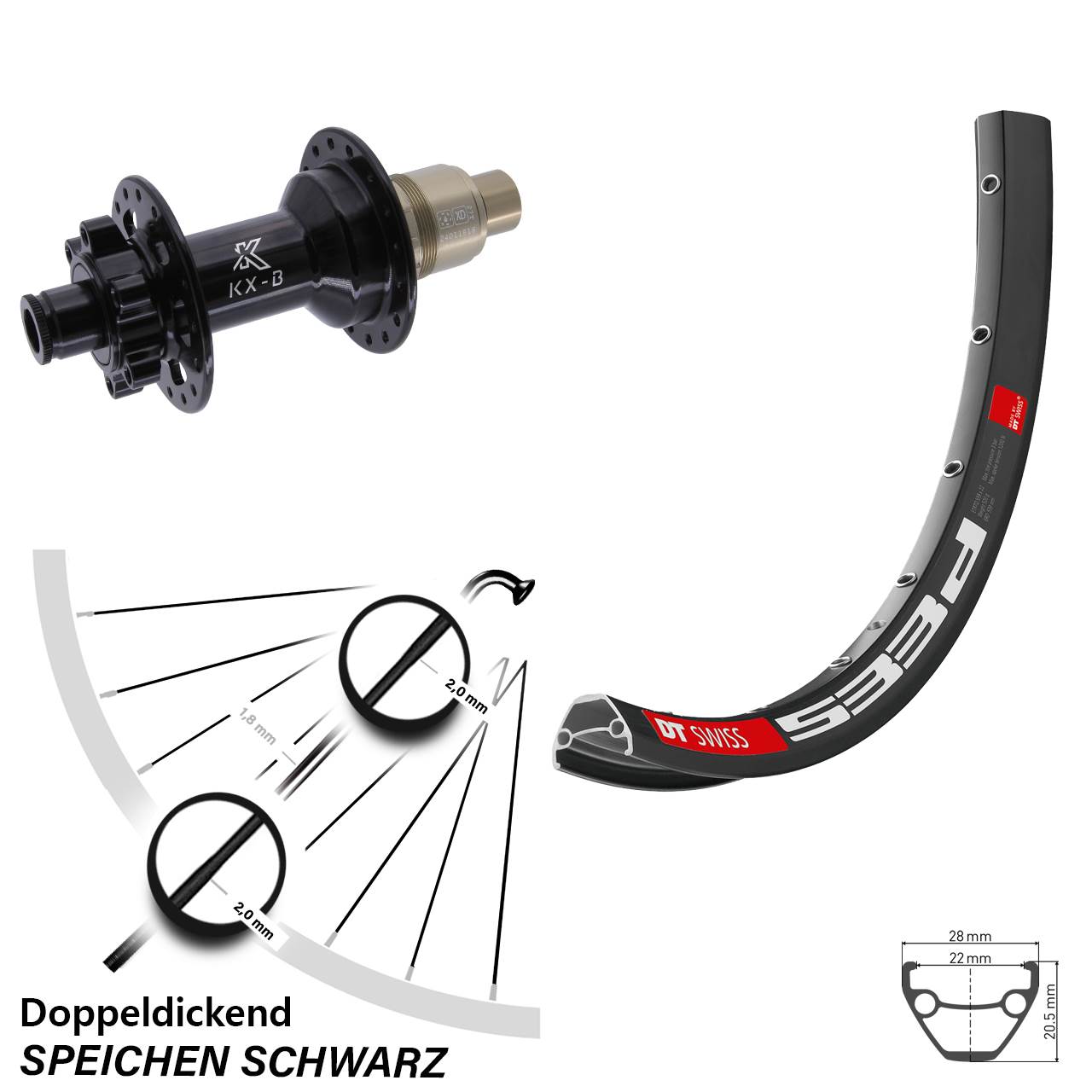 27,5 Zoll DT Swiss 533d KX-B Disc Hinterrad 12x148 SRAM XD