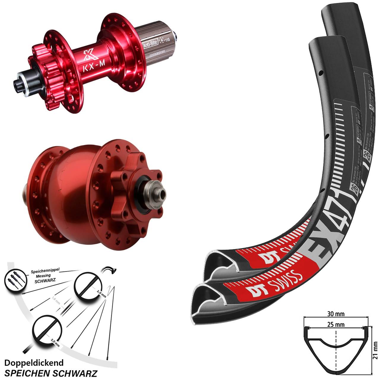 DT Swiss EX 471 Laufradsatz 29 Zoll Dynamo SON 28 rot eloxiert KX-M 6-loch Schnellspanner