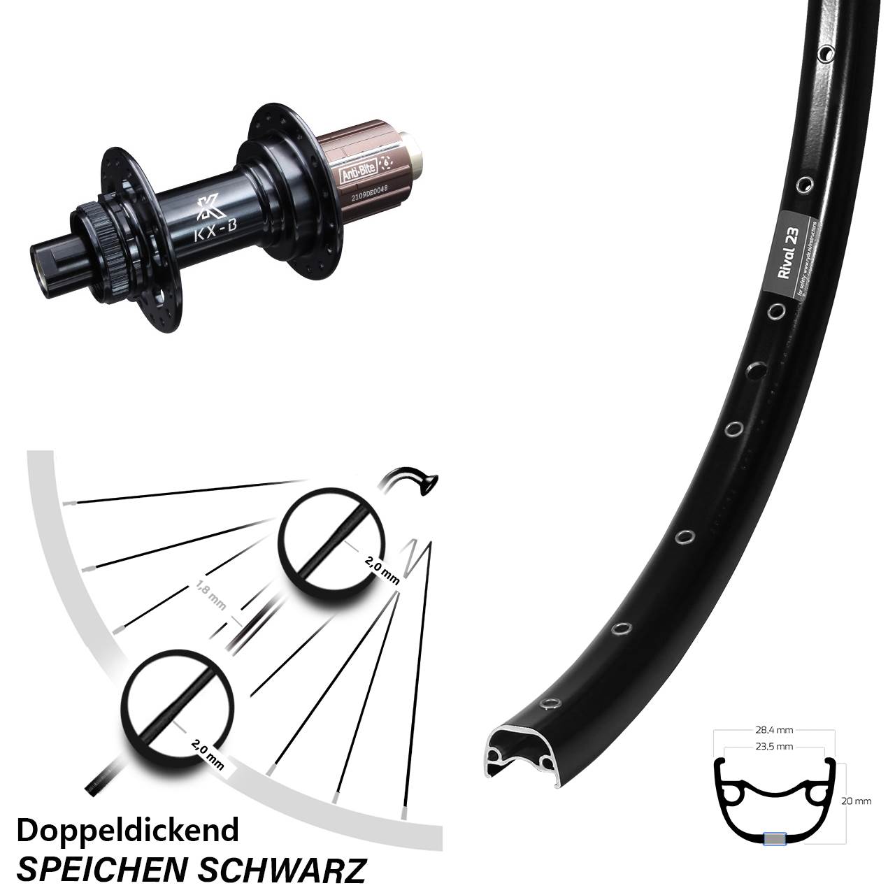 Boost Centerlock Hinterrad 12x148 27,5 Zoll Ryde Rival 23 KX-B 8-12 fach