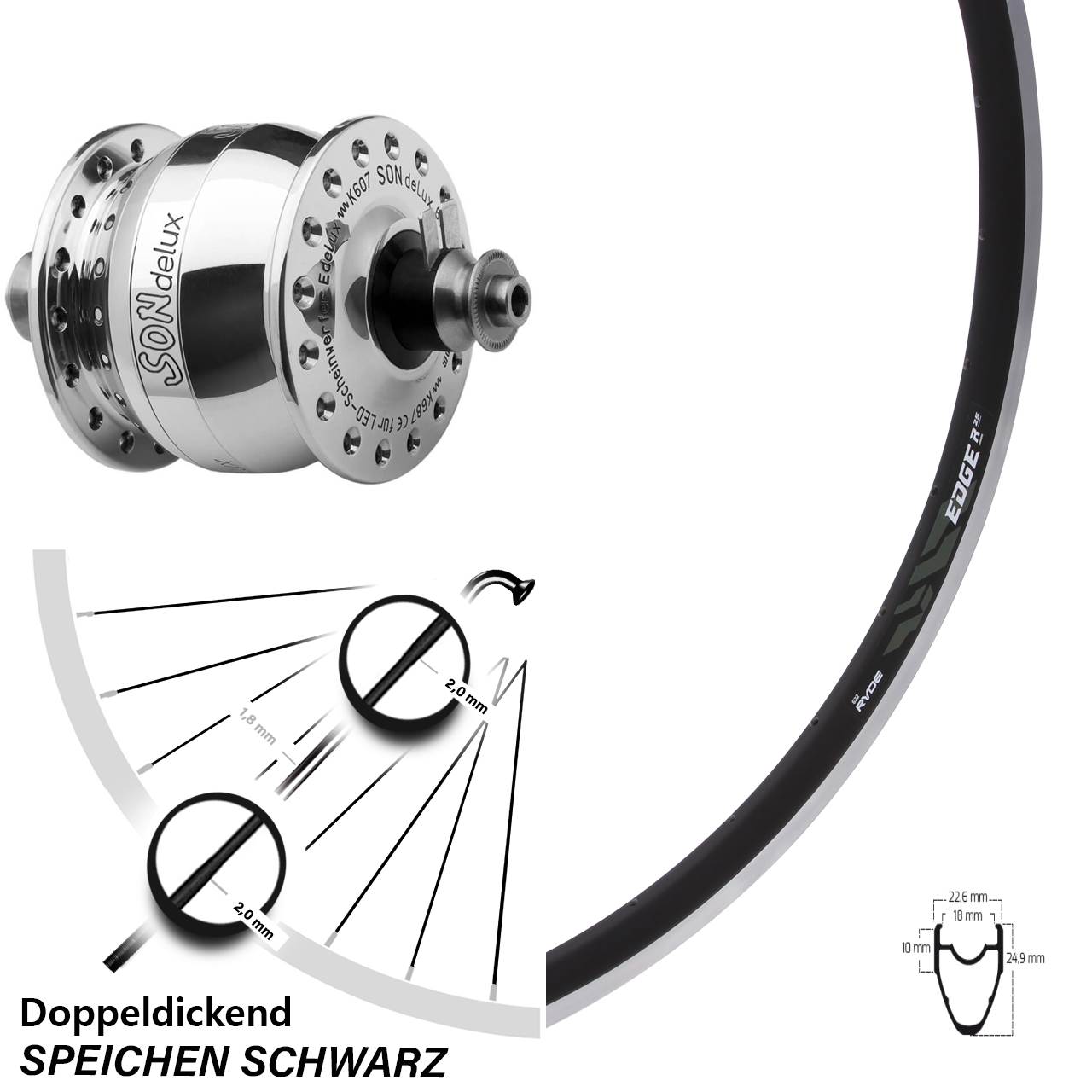Vorderrad 28 Zoll Ryde Edge R25 Rennrad Felgenbremse Dynamo SON delux silbern poliert