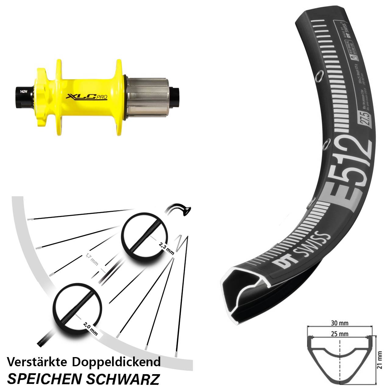 Disc Hinterrad 650B DT Swiss E 512 XLC Pro gelb 8-11 fach 12x142