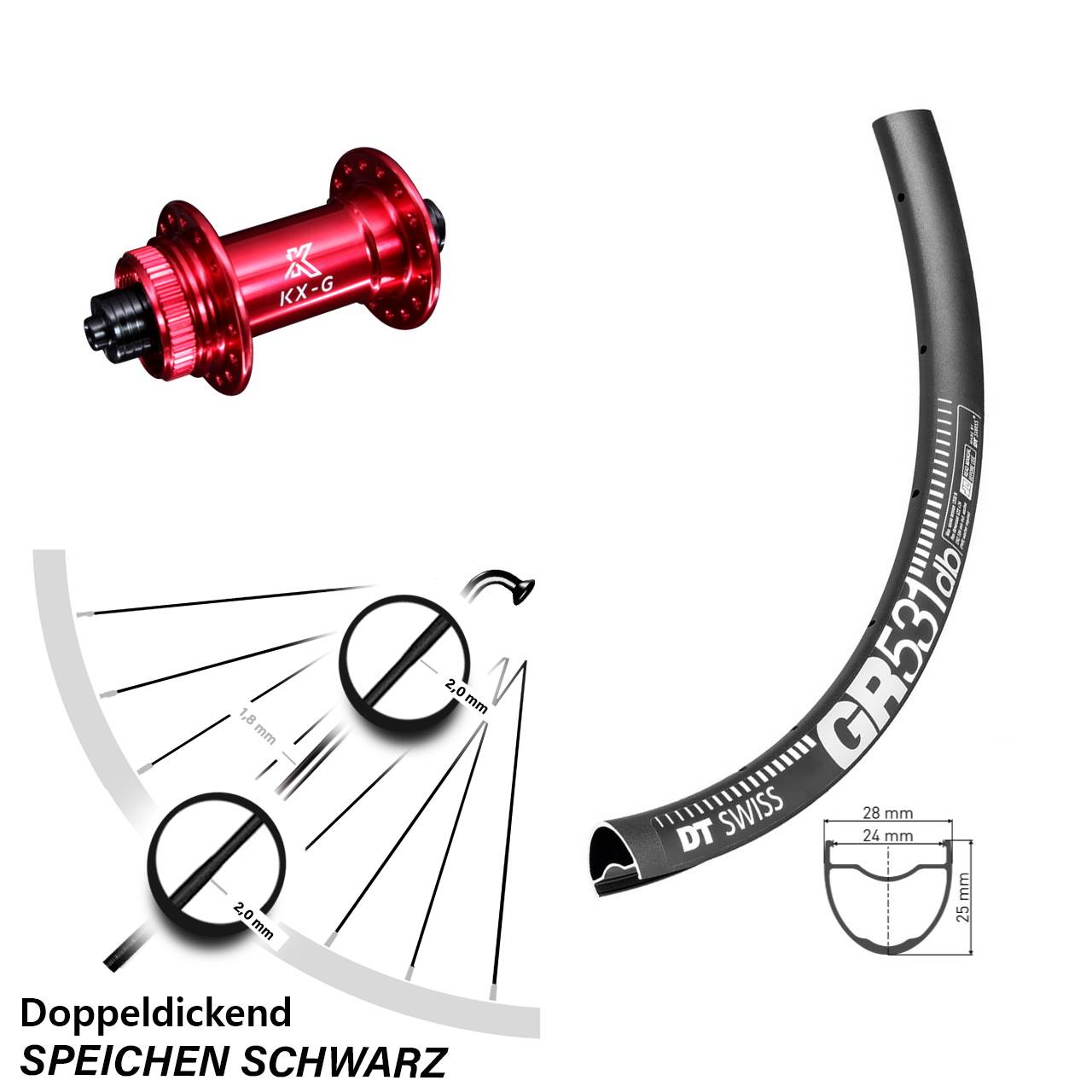 28-29 Zoll Vorderrad KX-G Nabe rot-eloxiert 5x100 DT Swiss GR 531 DB Centerlock