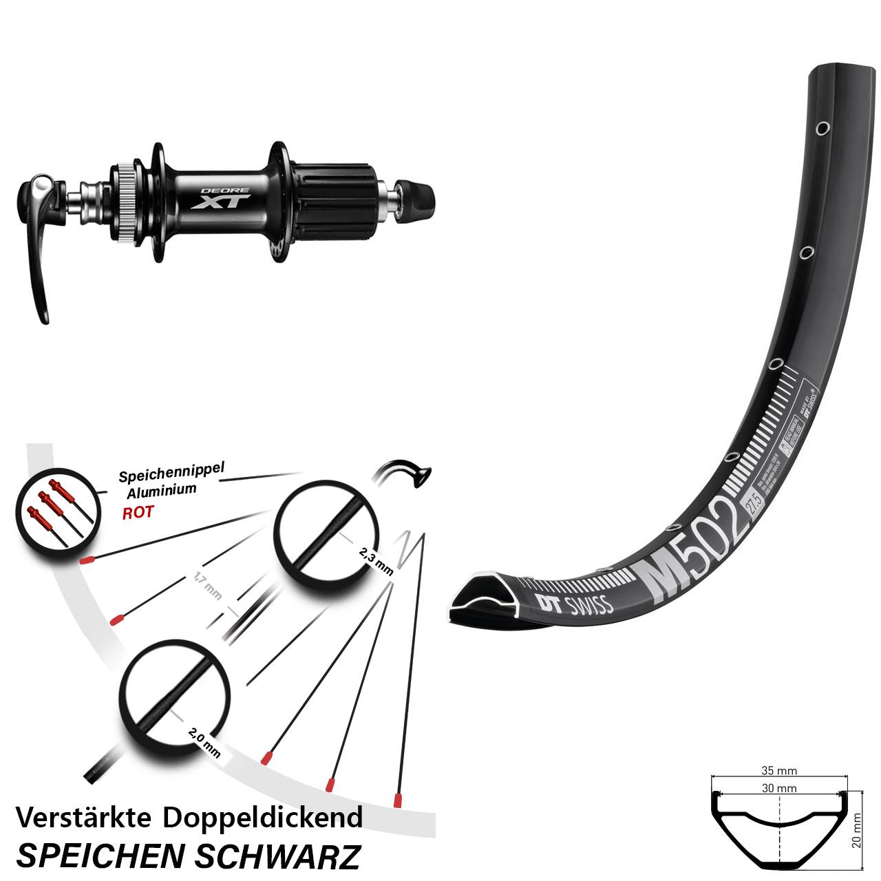 Centerlock Hinterrad 27,5 Zoll DT Swiss M502 Shimano XT 8-11 fach für Schnellspanner