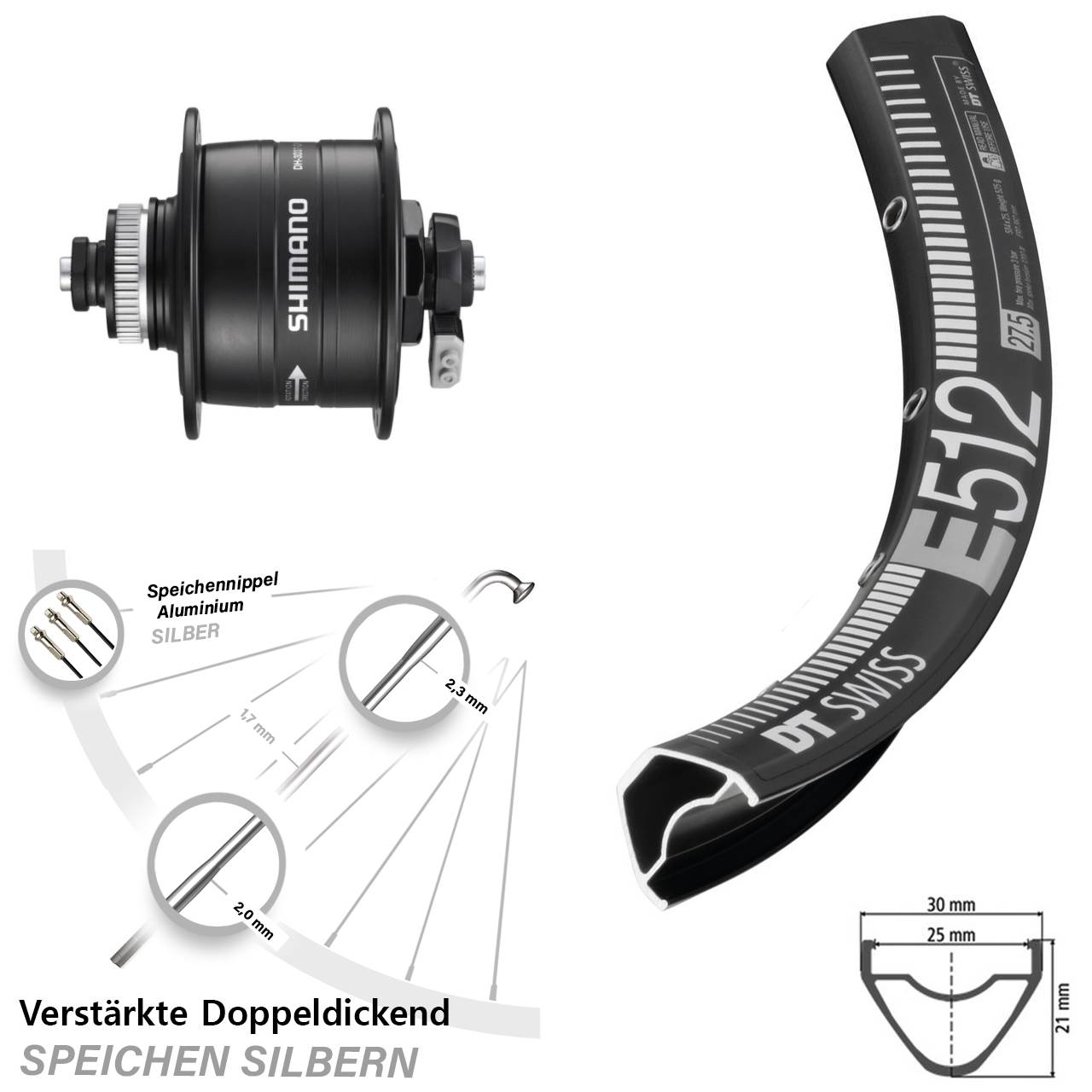 DT Swiss E512 Shimano DH-3D37 29 Zoll Disc Laufrad mit Nabendynamo QR
