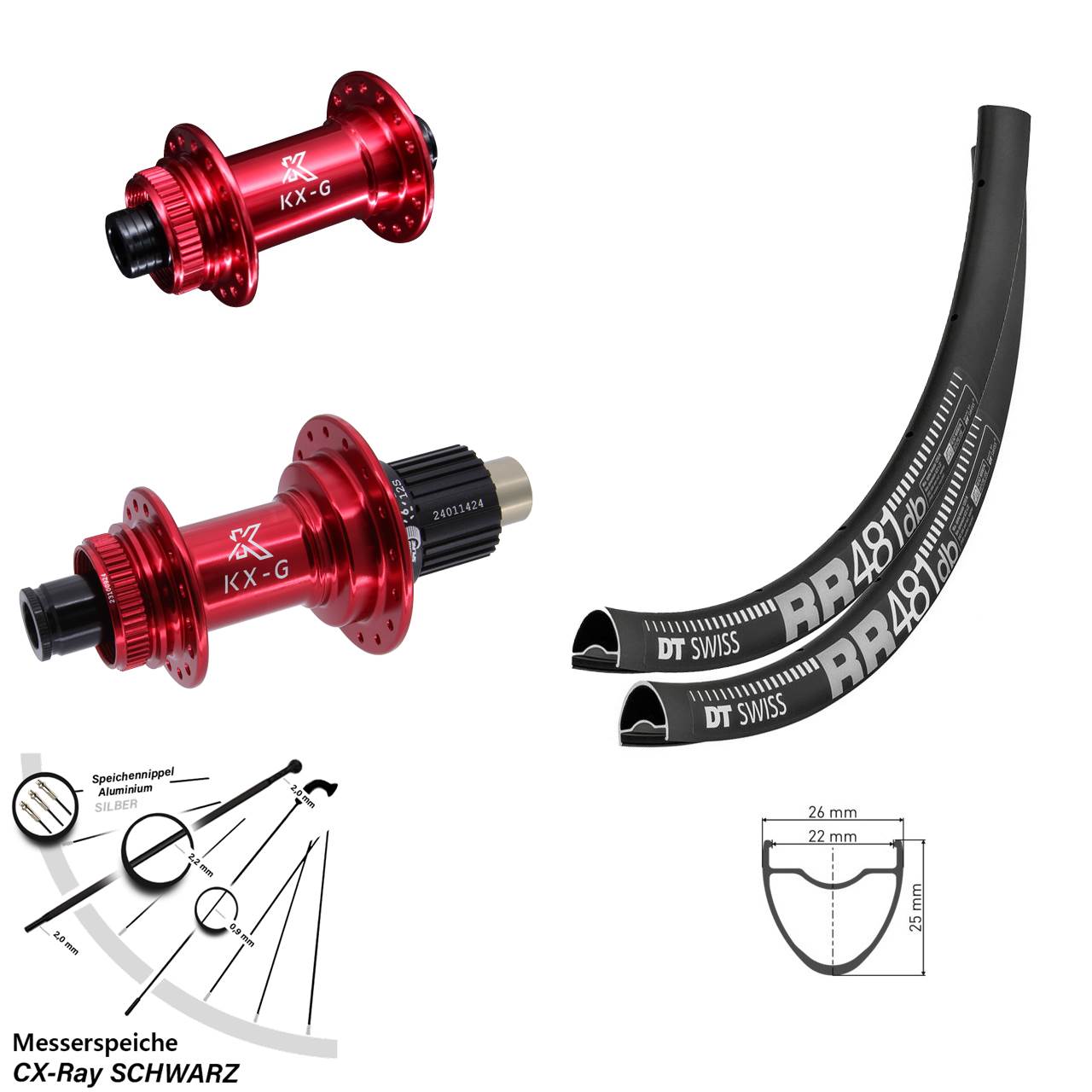 Disc Laufradsatz 12x100/142 28 Zoll DT Swiss RR481 KX-G rot Shimano Micro Spline CX-Ray