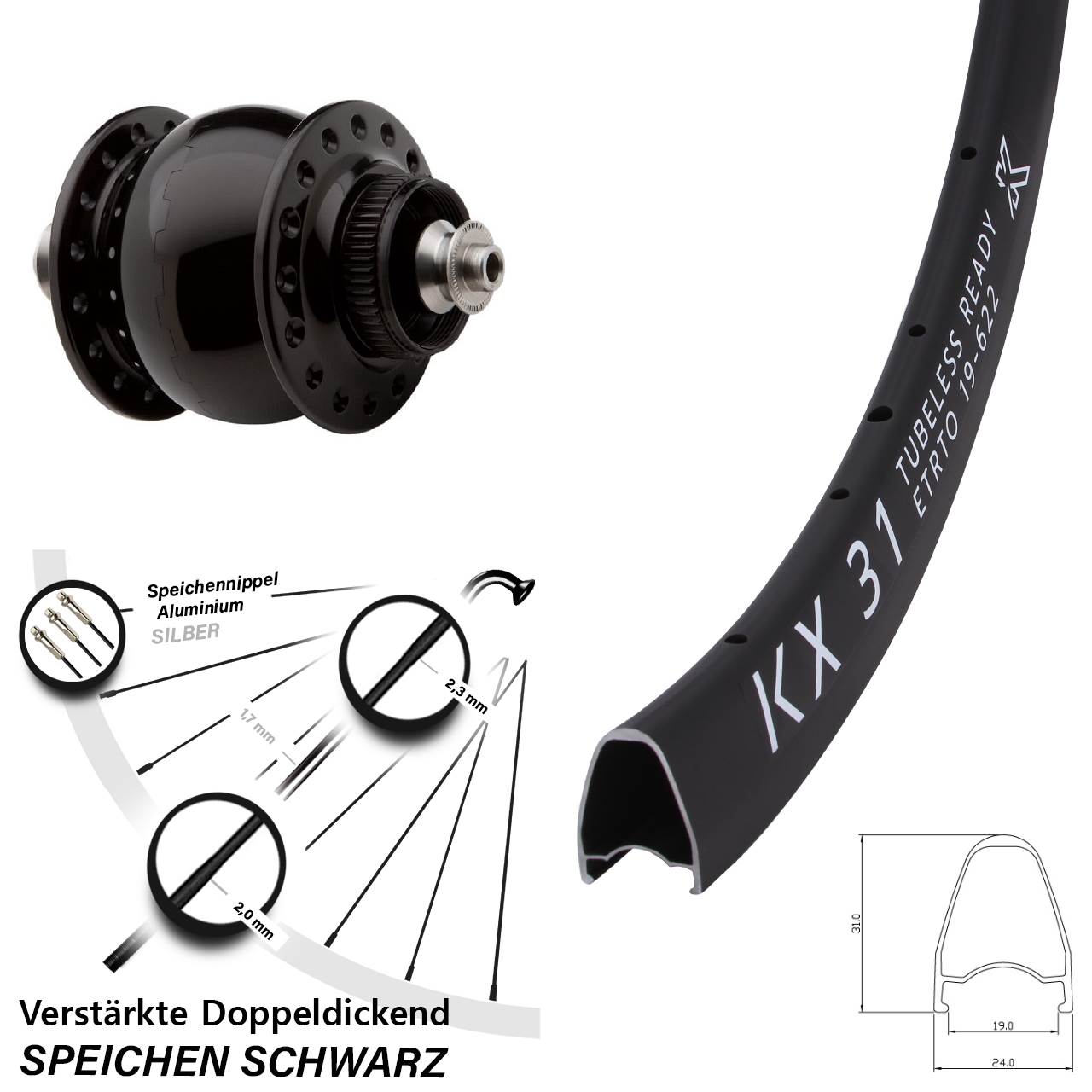 Centerlock Dynamo-Vorderrad für Schnellspanner KX 31 SON 28 Zoll