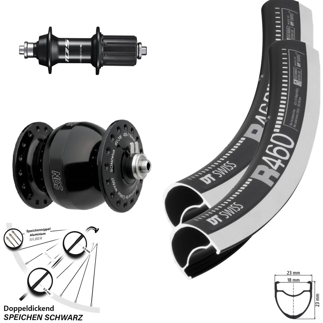 Laufradsatz QR 28 Zoll DT Swiss R 460 CNC Shimano 105 SON delux wide body 8-12 fach HG