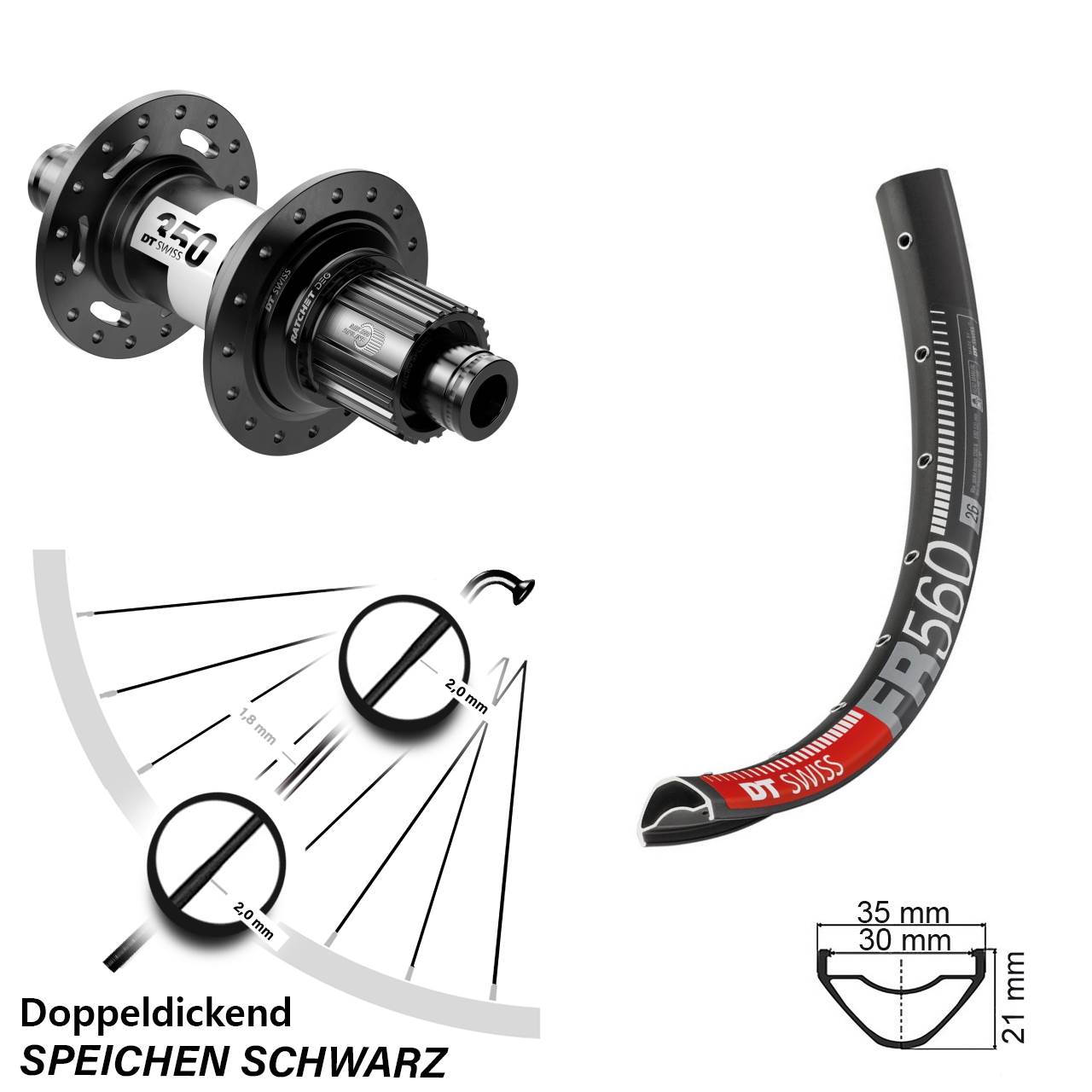 26 Zoll DT Swiss FR560-350 DEG72 Disc Laufrad 12x148 Shimano Micro Spline