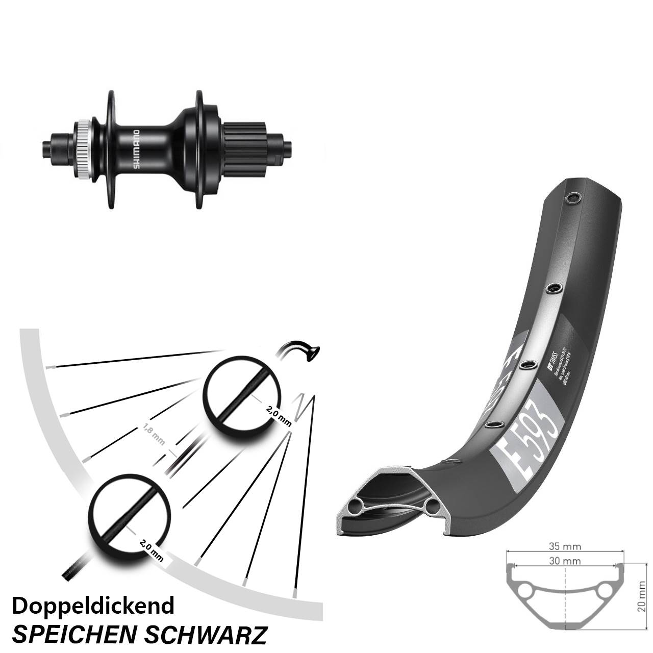 Hinterrad 27,5 Zoll DT Swiss E593 Shimano FH-MT500 5x135 Centerlock Micro Spline