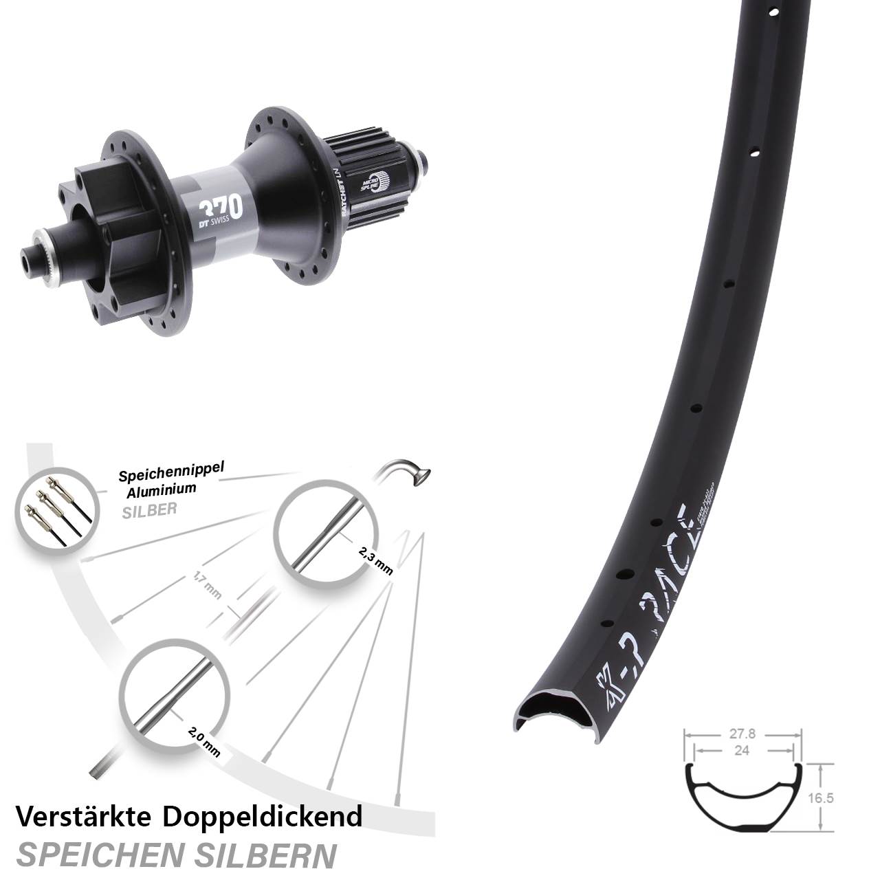 28-29 Zoll KX-R Race DT Swiss 370 Hinterrad 6-Loch für Schnellspanner Shimano Micro Spline