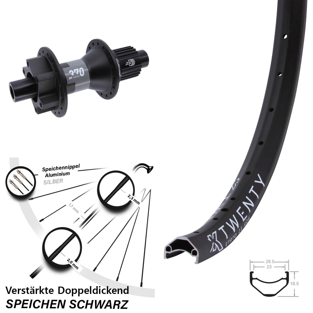 Hinterrad 6-Loch 12x142 20 Zoll KX Twenty DT Swiss 370 Micro Spline