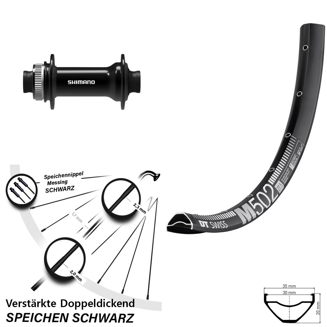 Centerlock Vorderrad 27,5 Zoll DT Swiss M 502 Shimano HB-TC500 15x100