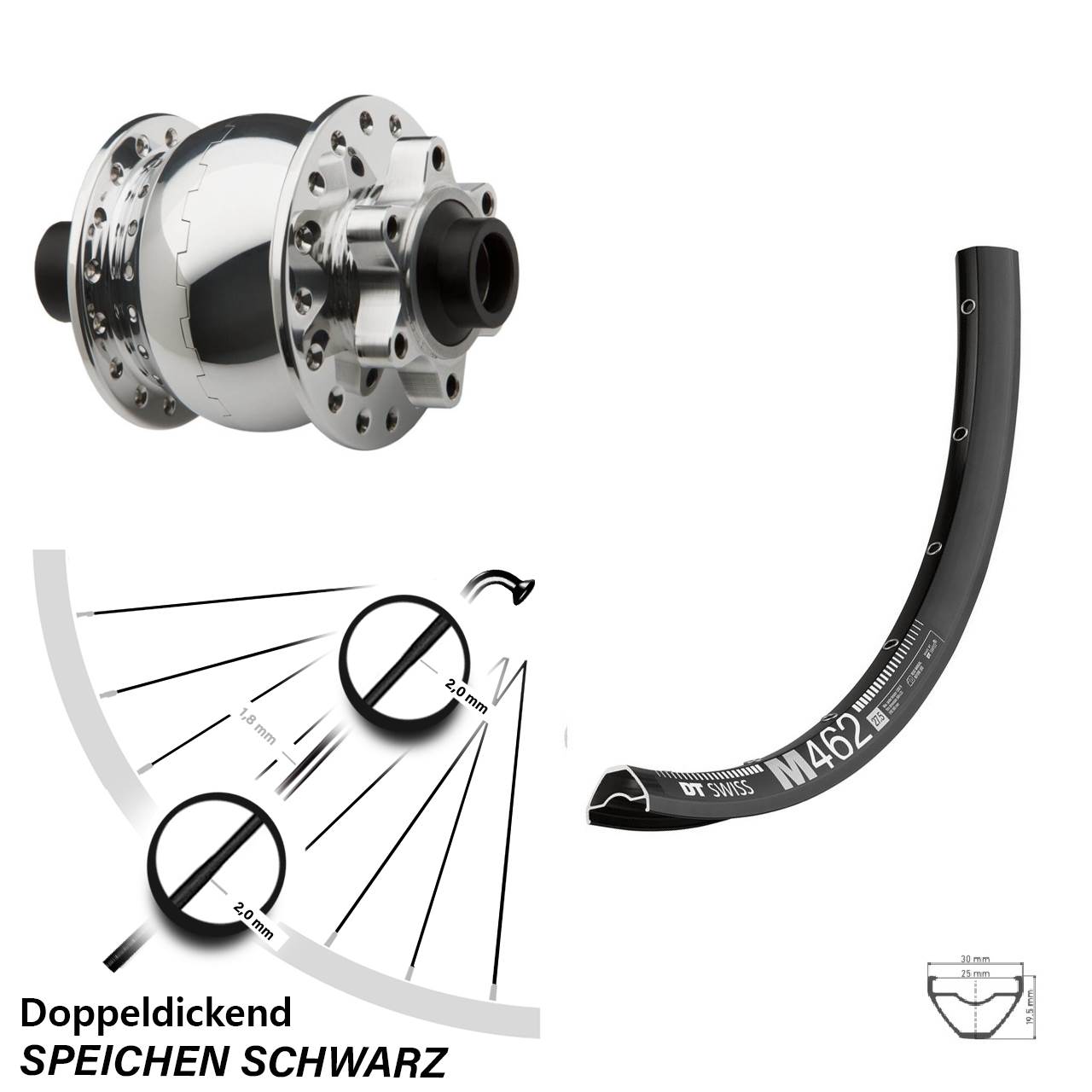 Nabendynamovorderrad 6-Loch 650B DT Swiss M 462 SON 28 silbern 15x100