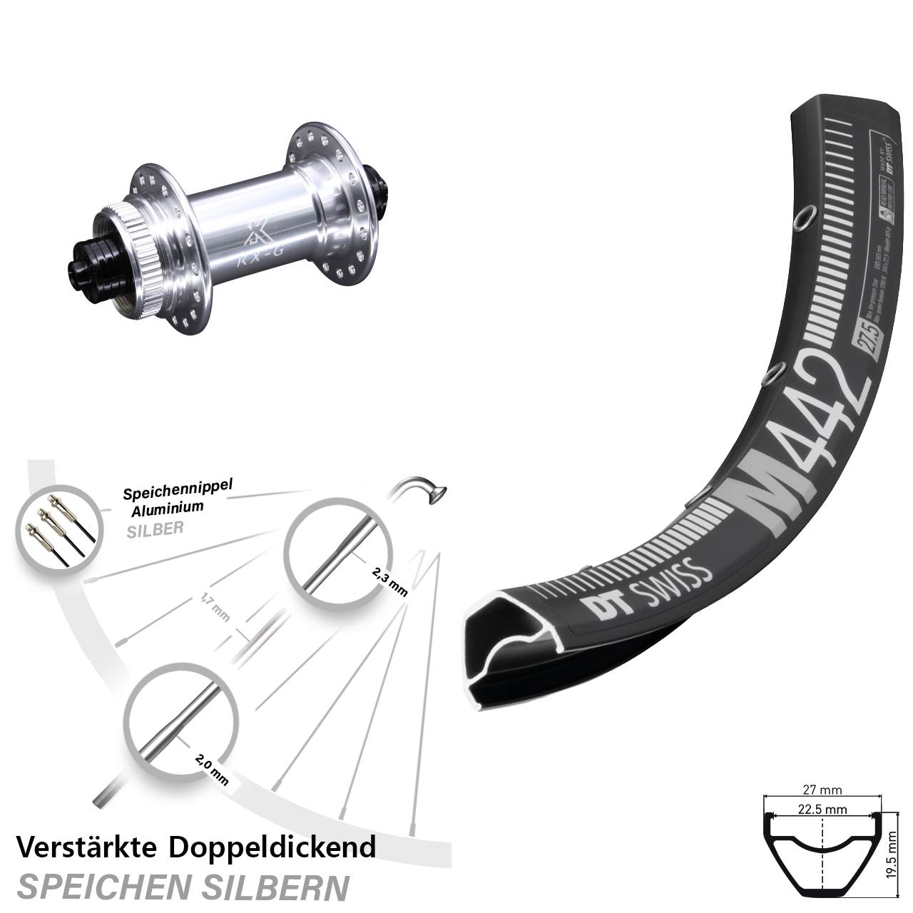 28 Zoll DT Swiss M442 KX-G Disc Vorderrad für Schnellspanner