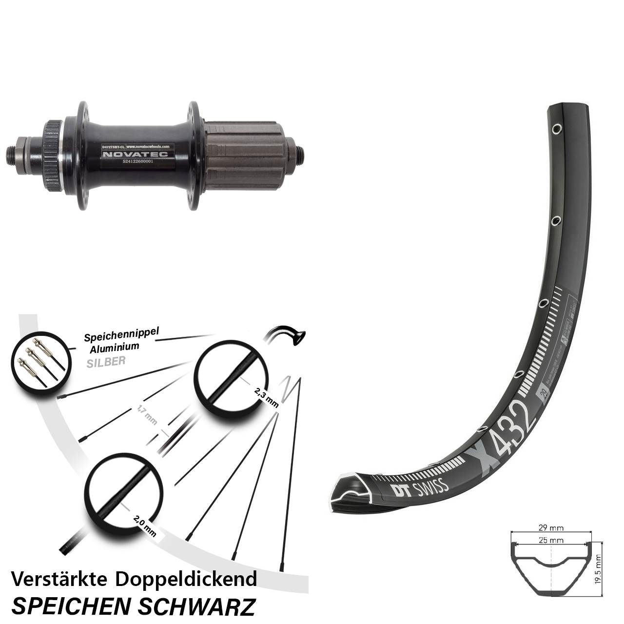 29 Zoll DT Swiss X432 Novatec D472 Hinterrad Centerlock für Schnellspanner 8-12 fach