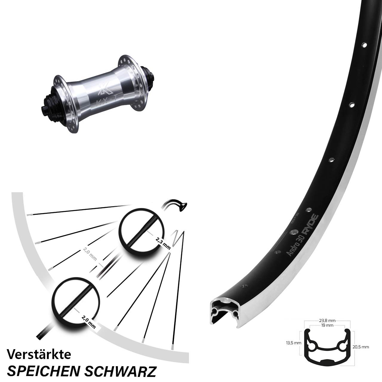 Vorderrad für Schnellspanner 26 Zoll Ryde Andra 30 KX-T
