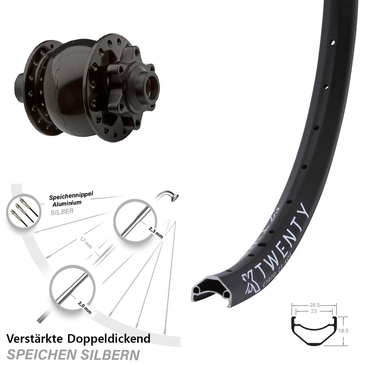 Nabendynamolaufrad SON 28-15x100 mm Steckachse KX Twenty 20 Zoll 6-Loch