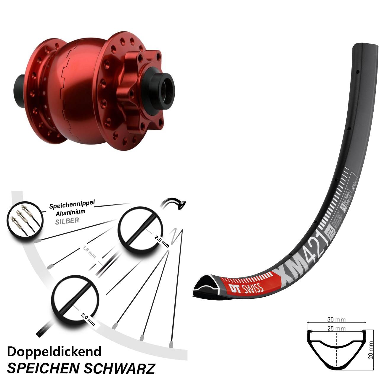 Nabendynamovorderrad 6-Loch 15x100 650B DT Swiss XM 421 SON 28 rot