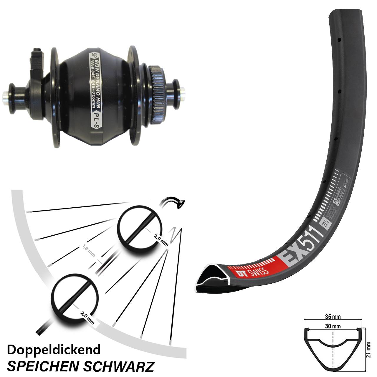 DT Swiss EX511 Shutter PL-8 27,5 Zoll Disc Laufrad mit Nabendynamo für Schnellspanner