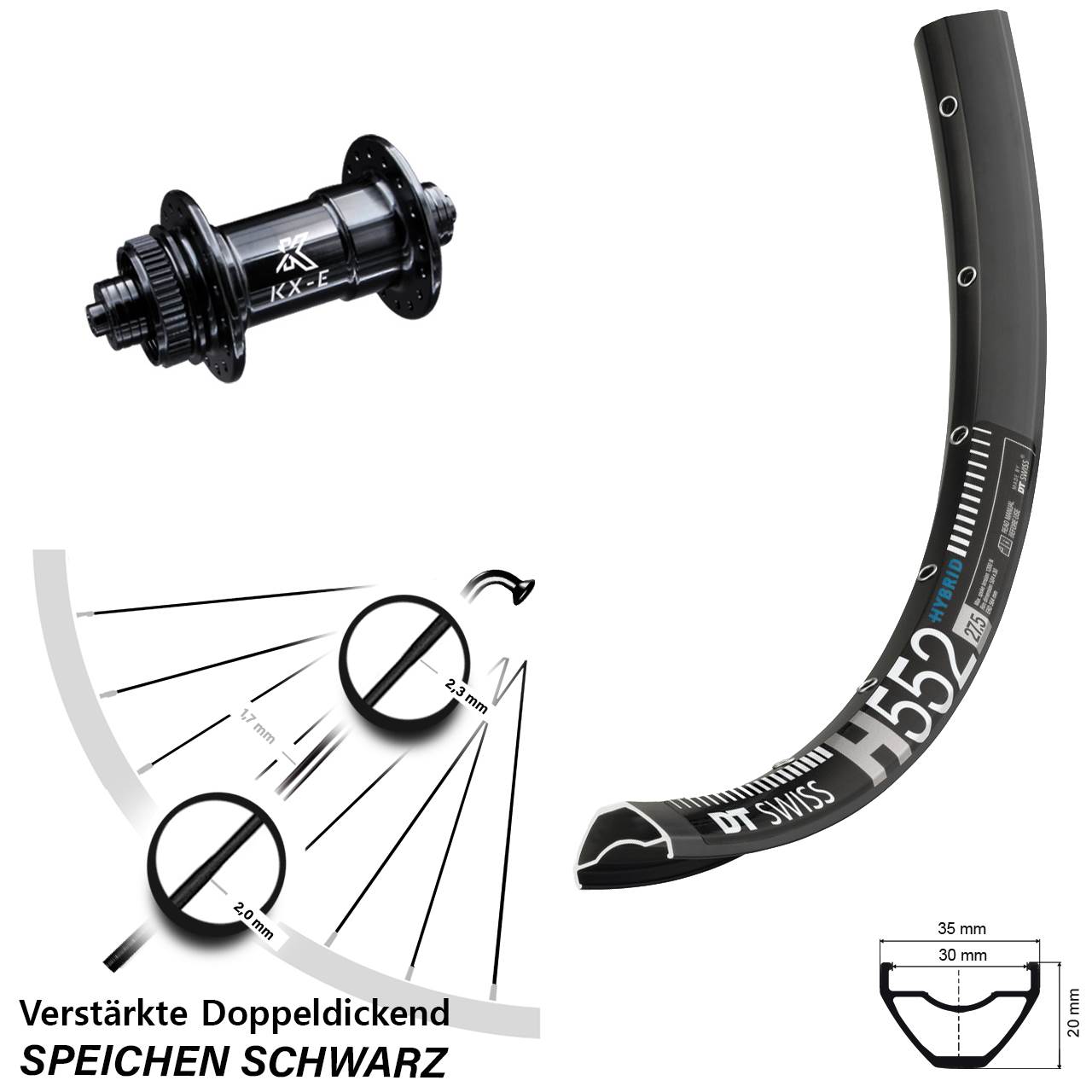 DT Swiss H 552 Vorderrad 27,5 Zoll E-Bike KX-E Nabe Schnellspanner Centerlock