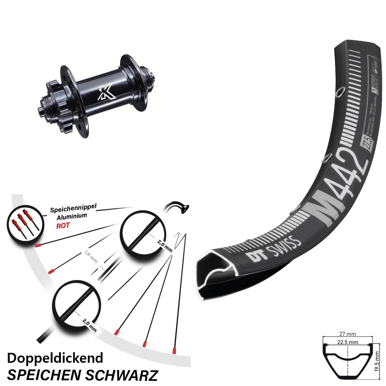 Vorderrad DT Swiss M 442 KX-M schwarz 6-loch Schnellspanner 5x100 mm MTB 29 Zoll
