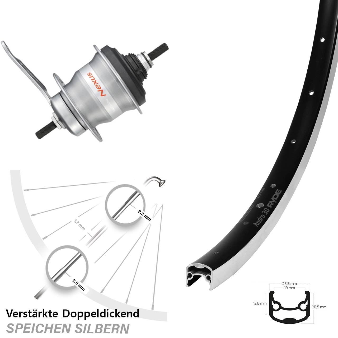 Hinterrad 28 Zoll Ryde Andra 30 schwarz Shimano 7 Gang SG-7C30 Rücktritt