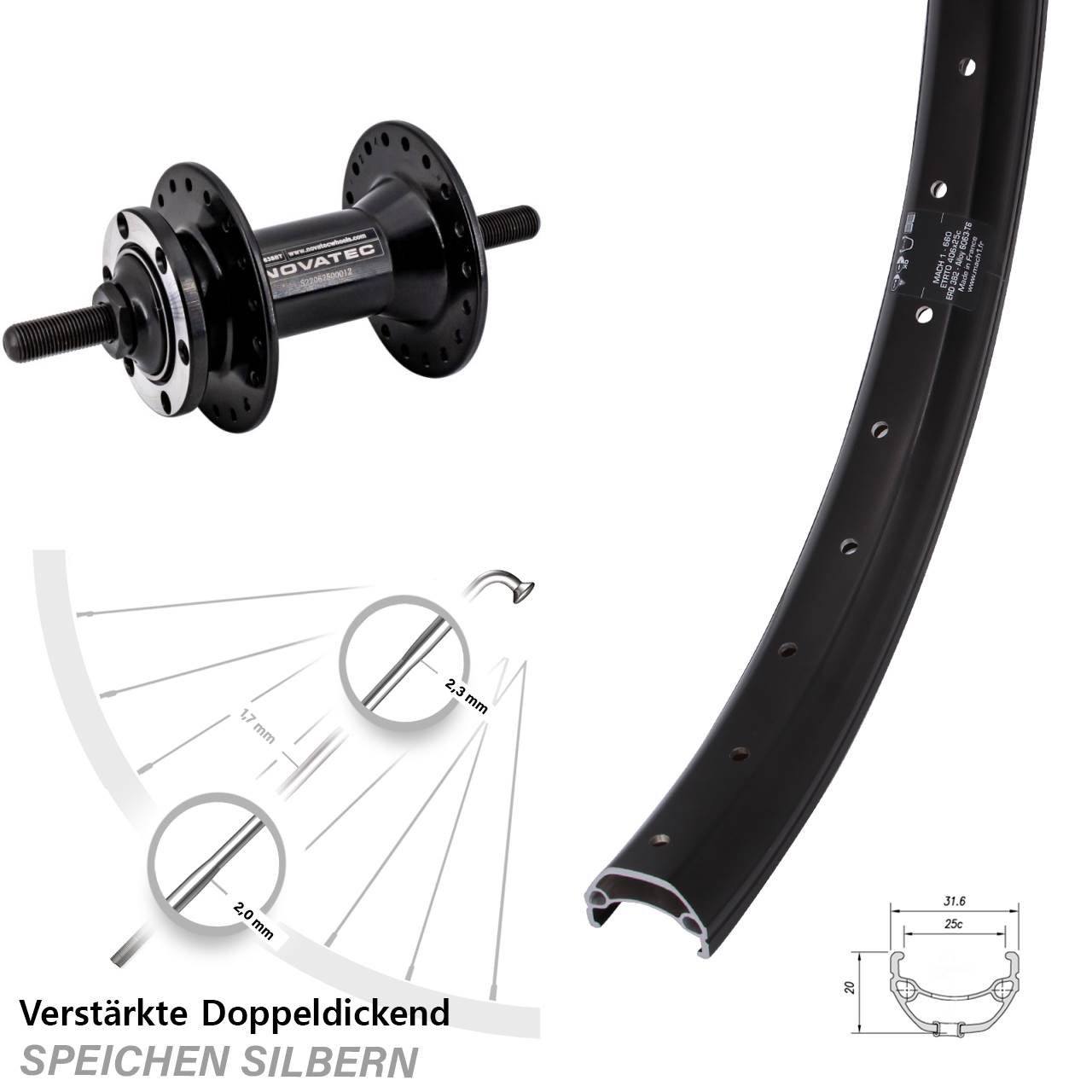 6-Loch Vorderrad Vollachse 20 Zoll Mach1 Kargo Novatec D763