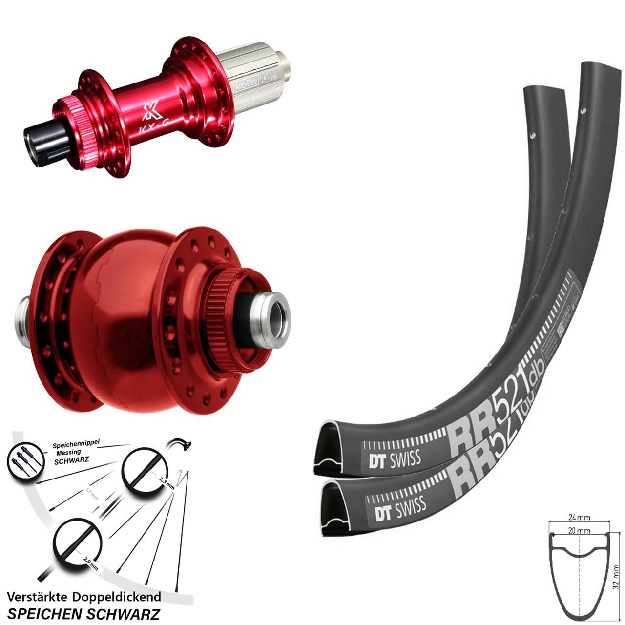 DT Swiss RR 521 KX-G rot SON 28 rot 28 Zoll Disc Laufrad-Satz 12x100/142 8-12 fach
