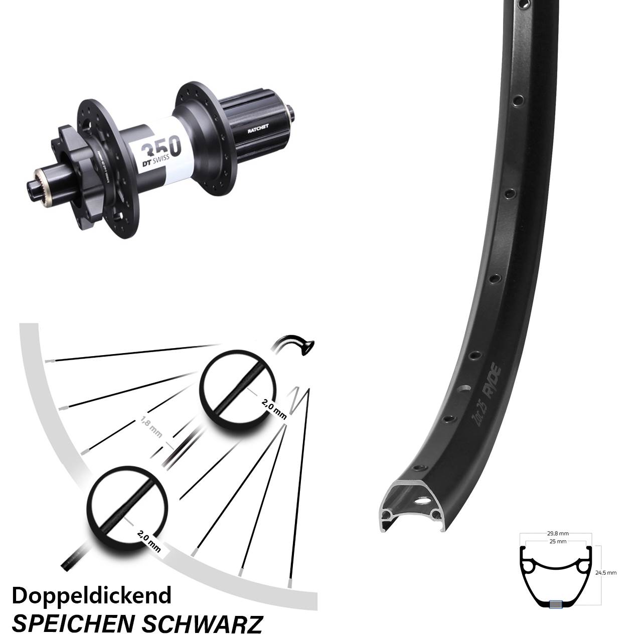 6-Loch Hinterrad 28 Zoll Ryde ZAC 25 DT Swiss 350 8-11 fach HG QR