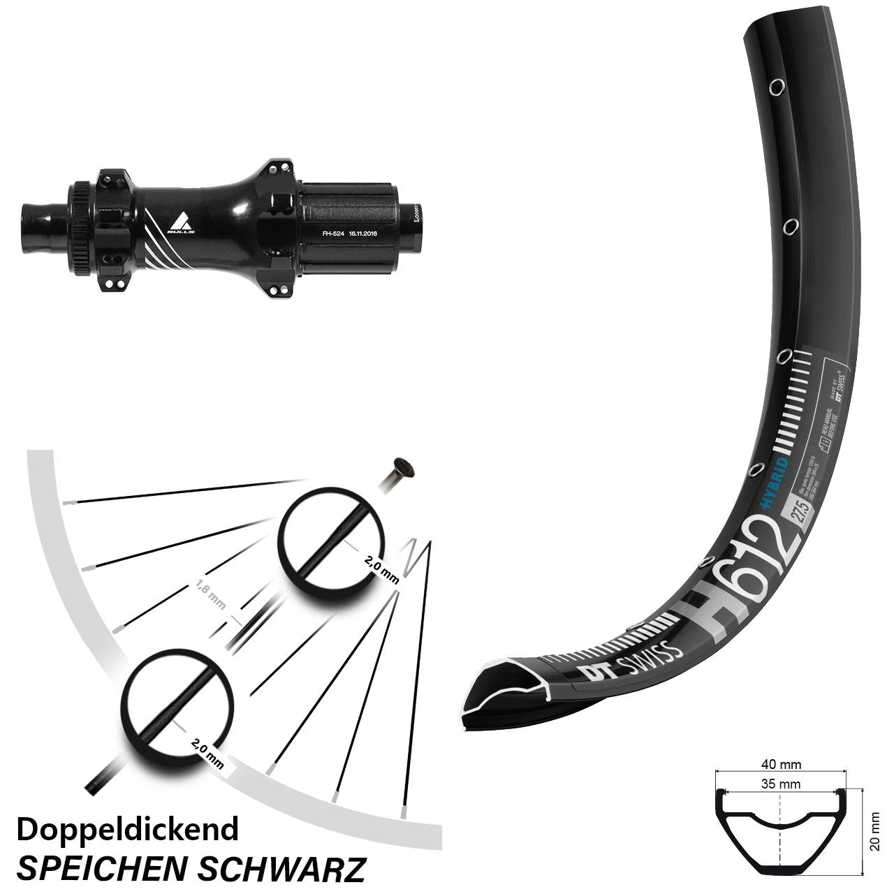 27,5+ Zoll Hinterrad Formula TC-148A Boost DT Swiss H 612 Straightpull 8-11 fach