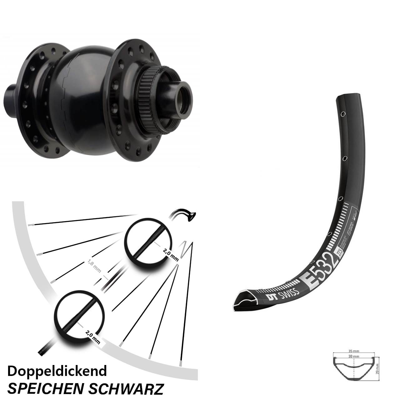 Vorderrad 27,5 Zoll DT Swiss E 532 schwarz SON 28-15 Boost Centerlock 15x110 mm