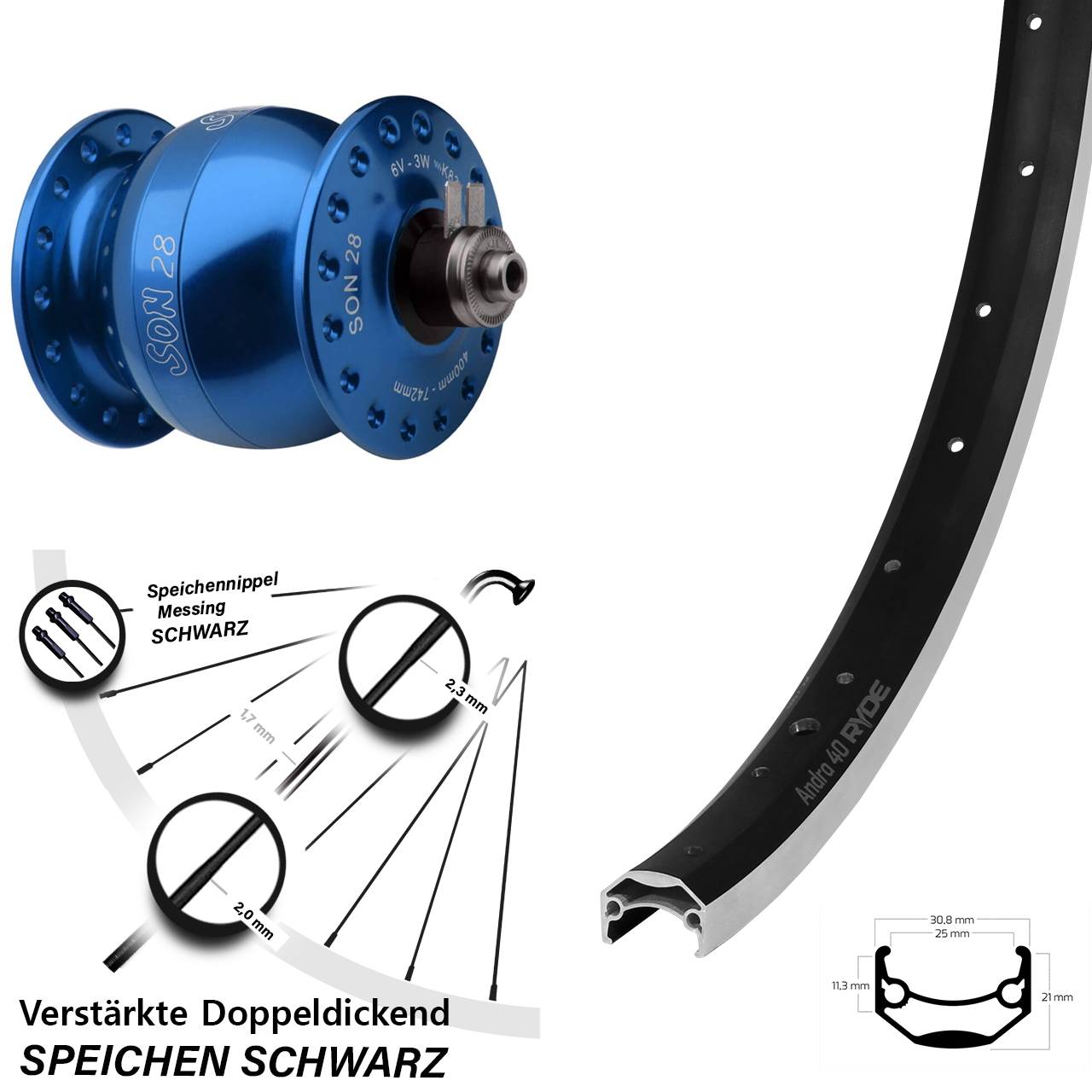 SON 28 blau Ryde Andra 40 26 Zoll Vorderrad mit Nabendynamo für Schnellspanner