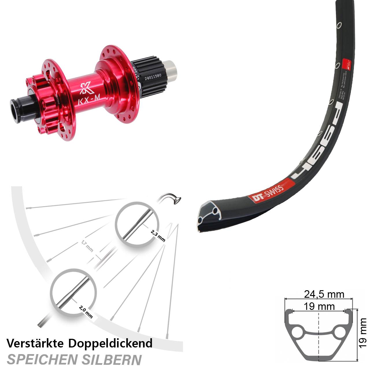 Disc Hinterrad 12x142 28-29 Zoll DT Swiss 466 KX-M rot Shimano Micro Spline