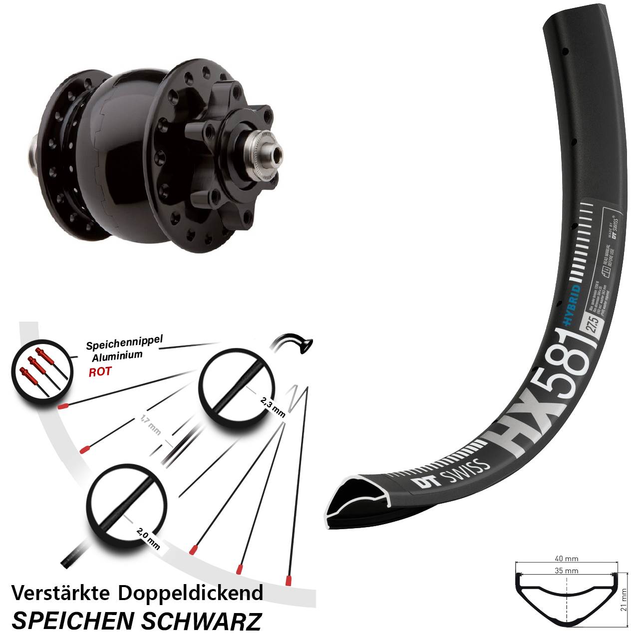 Nabendynamovorderrad 6-Loch 27,5 Zoll DT Swiss HX 581 SON 28 für Schnellspanner
