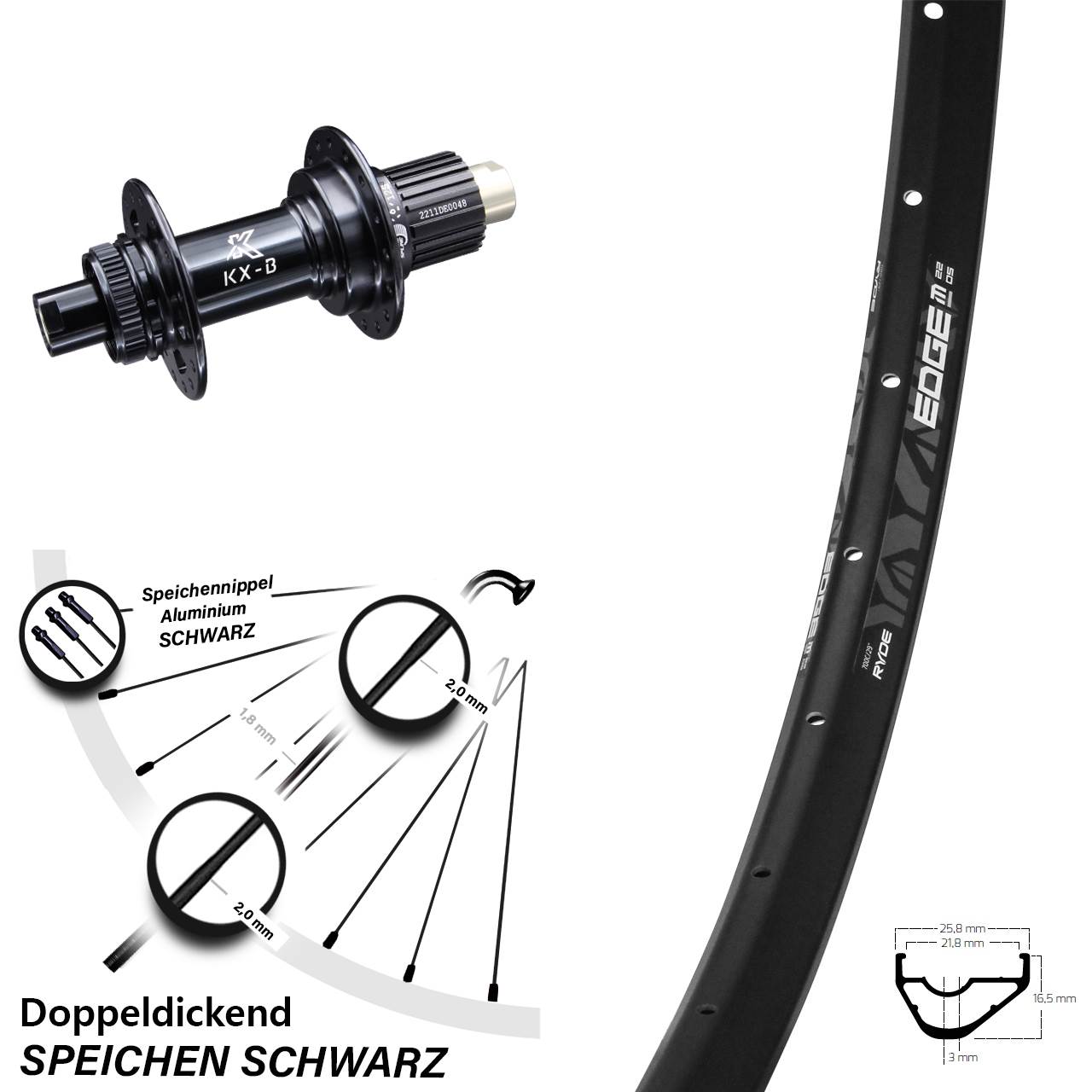 Ryde Edge M22 leichtes Hinterrad 29 Zoll KX-B Boost 12x148 mm Centerlock Micro Spline