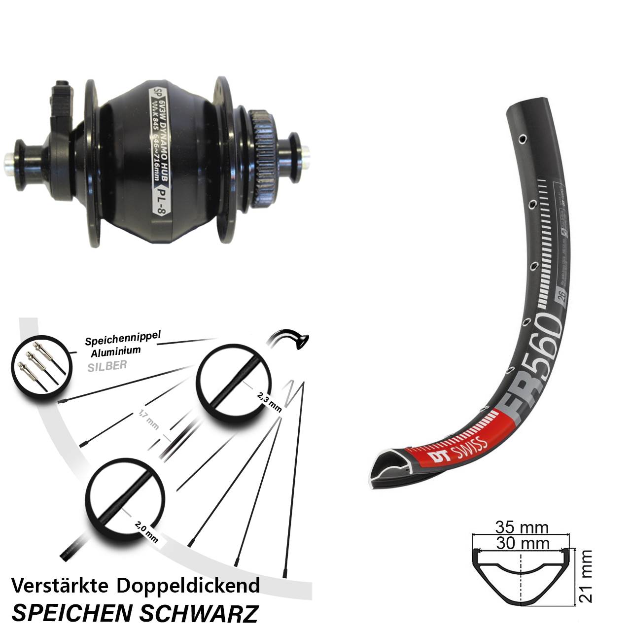 DT Swiss FR560 Shutter PL-8 26 Zoll Disc Laufrad mit Nabendynamo QR