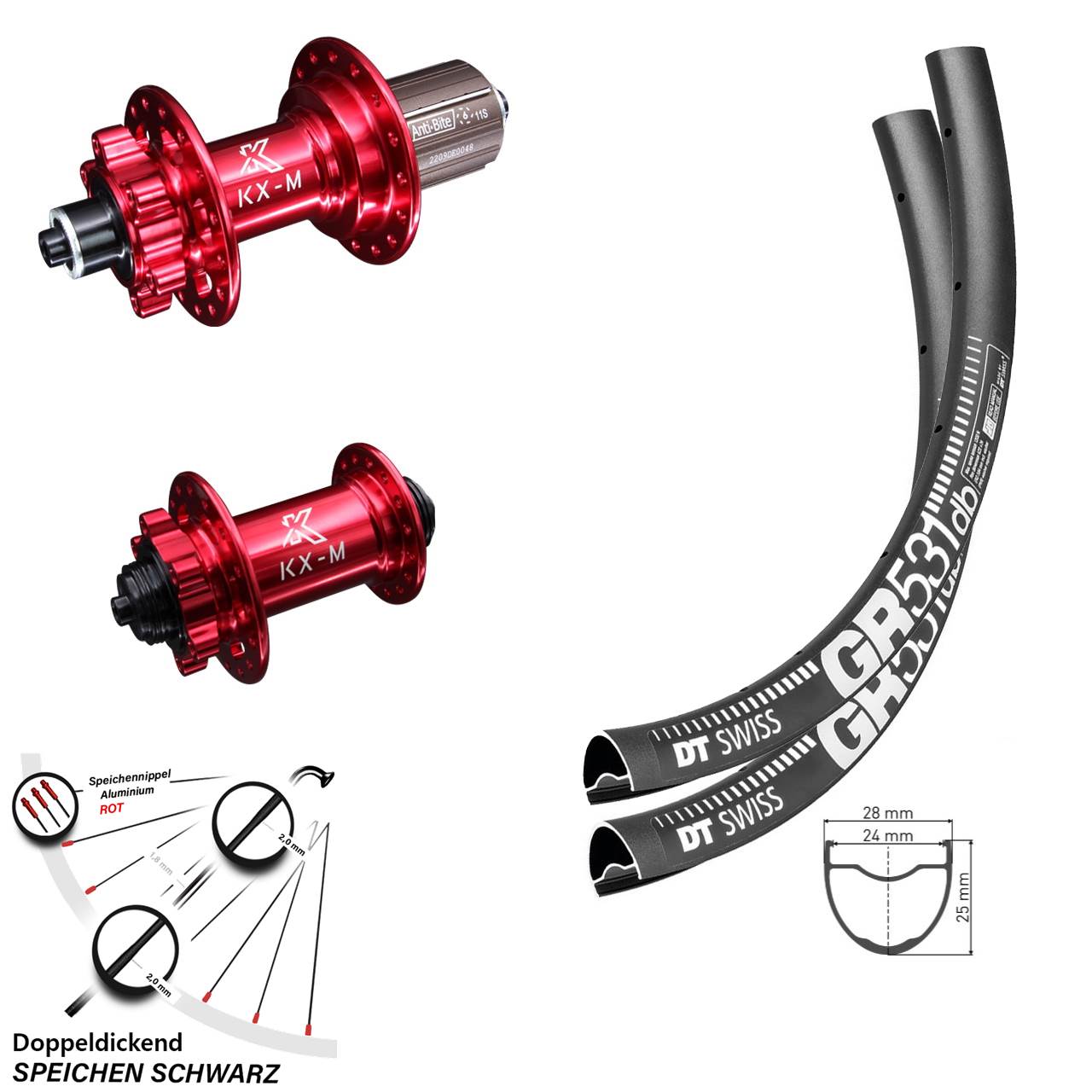 Laufradsatz 100/135 mm DT Swiss GR 531 KX-M rot eloxiert 8-12 fach