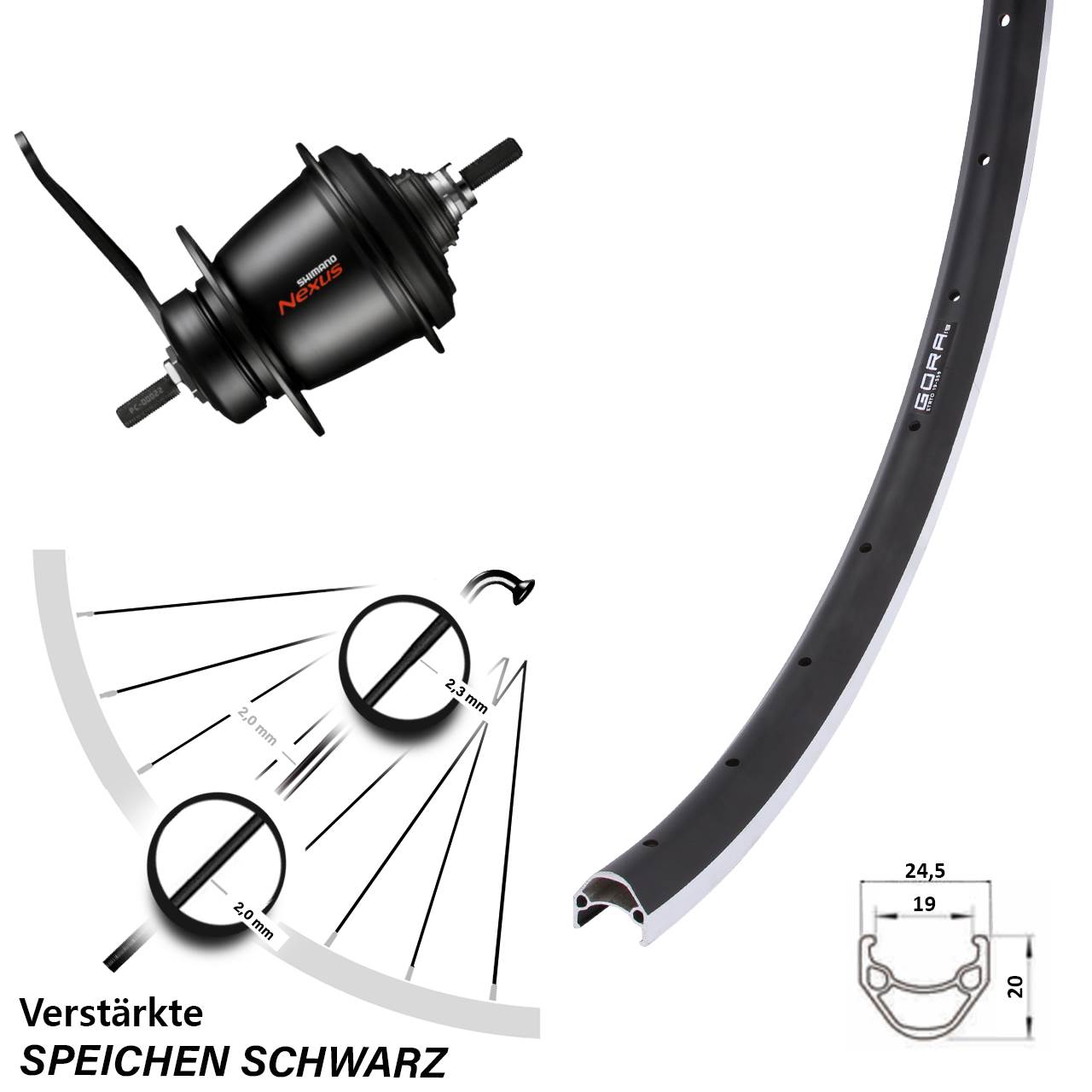 26 Zoll Hinterrad Shimano Nexus SG-C3001 7 Gang Rücktritt Gora 19 schwarz