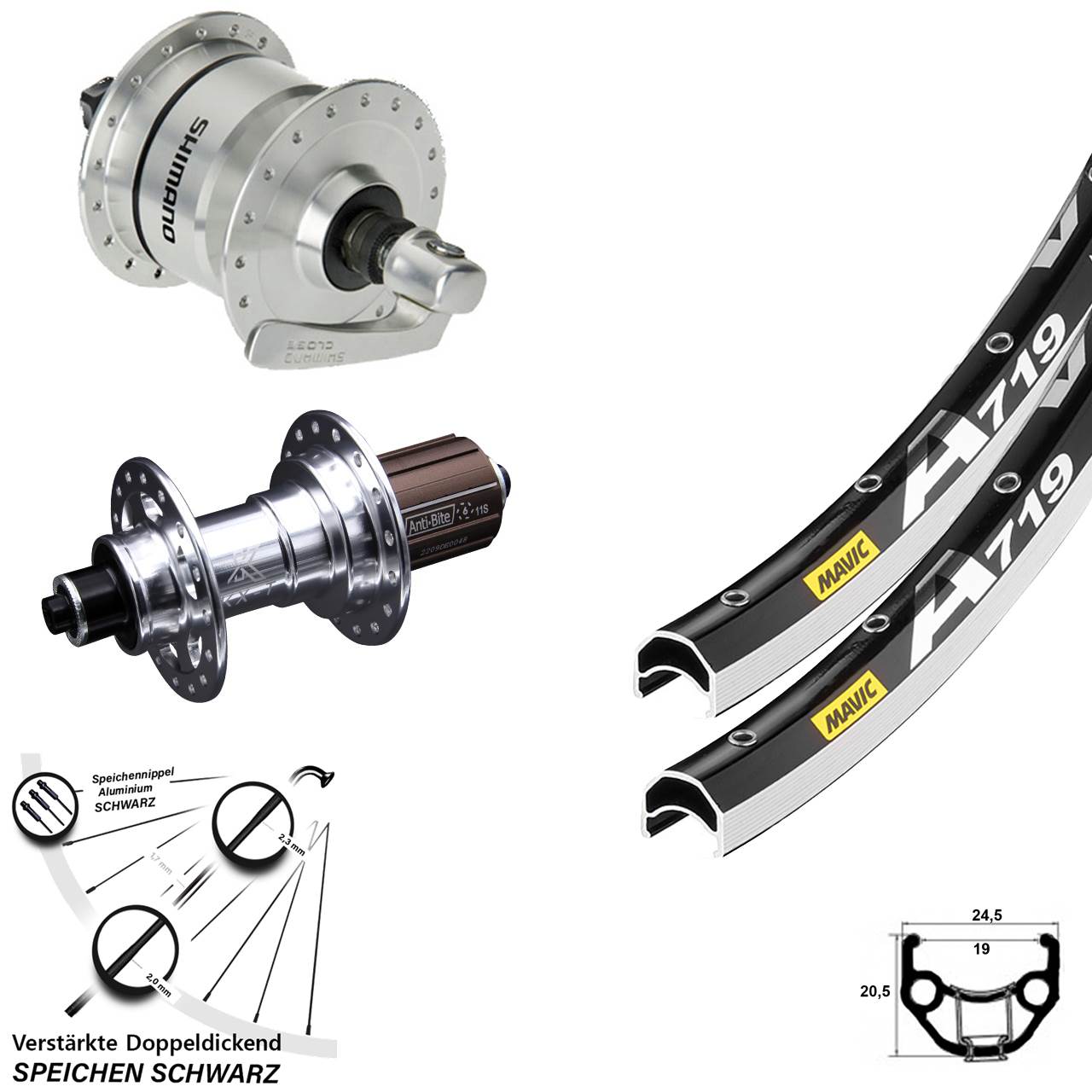 28 Zoll Mavic A719 KX-T Shimano DH-3N72 Laufrad-Satz für Schnellspanner 8-12 fach