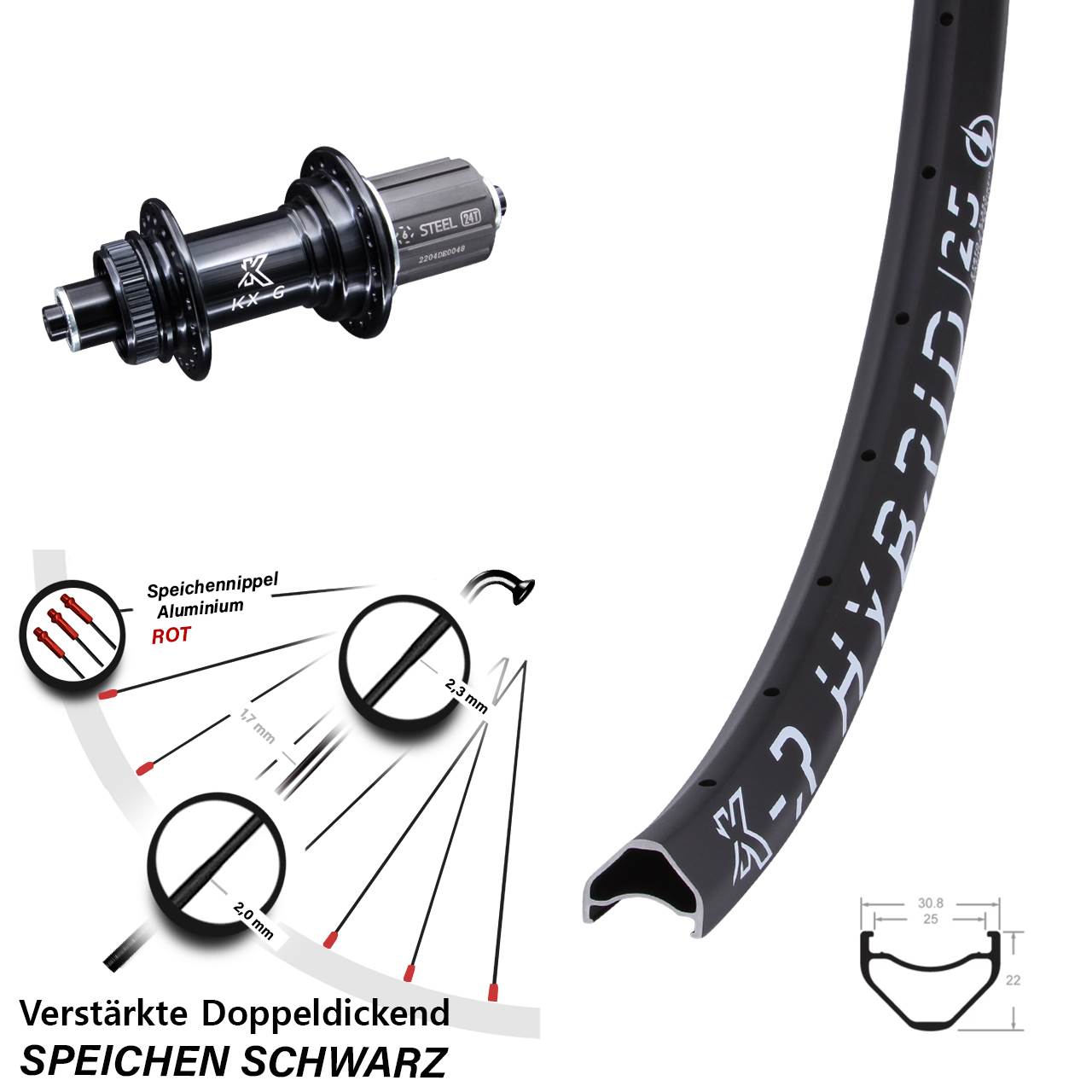 Disc Hinterrad 27,5 Zoll KX-R Hybrid 25 schwarz 8-12 fach HG QR