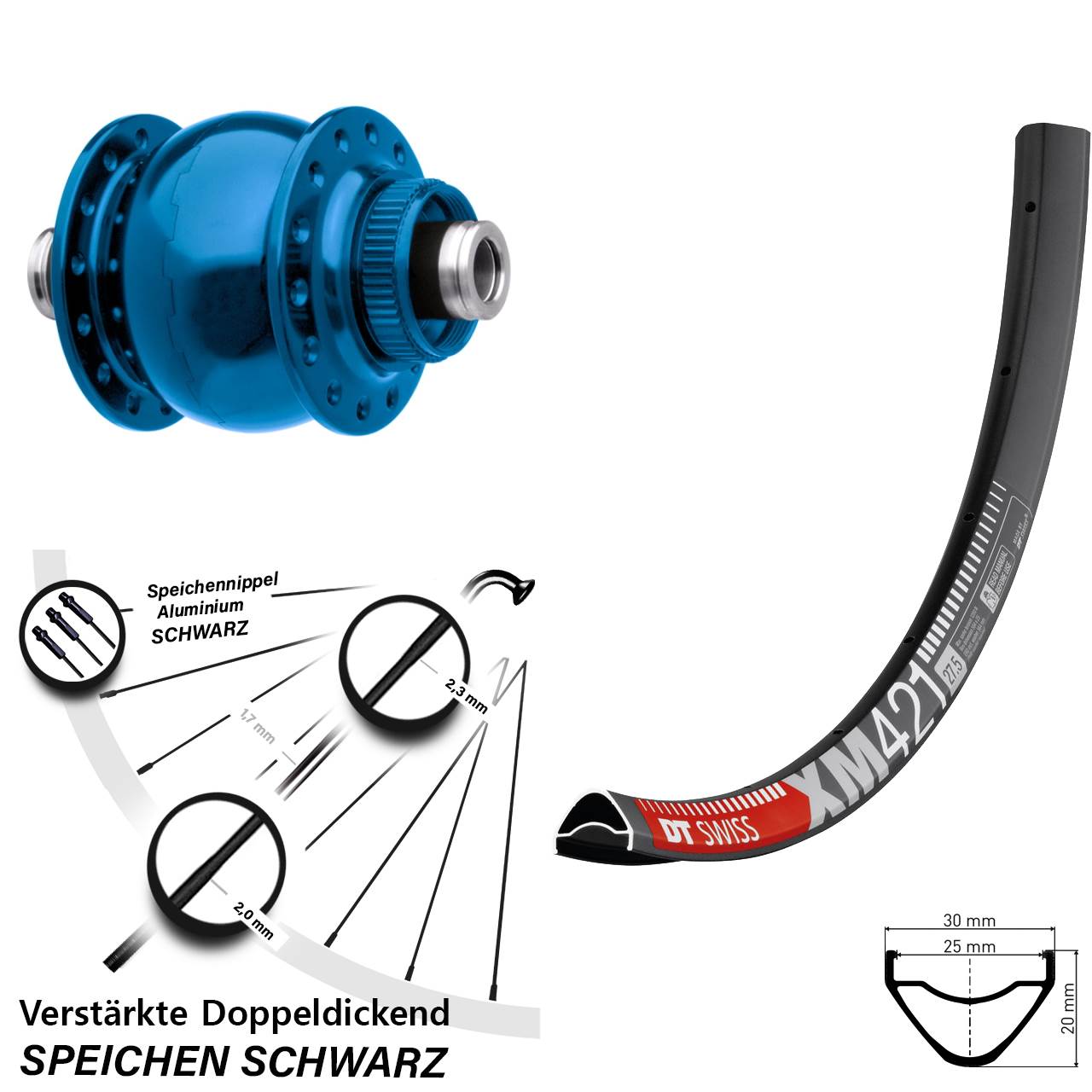 Disc Vorderrad mit Nabendynamo 12x100 29 Zoll DT Swiss XM421 SON 28 blau