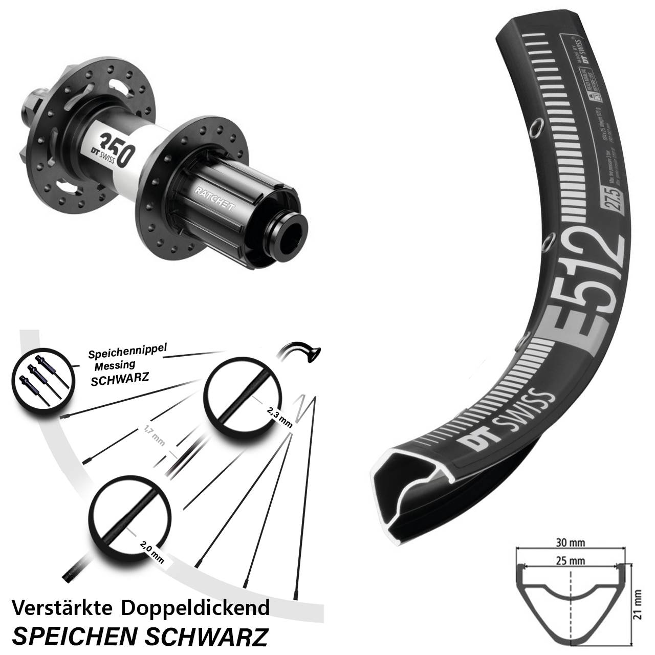 Hinterrad 27,5 Zoll DT Swiss E 512-350 Ratchet 36 12x148 8-11 fach