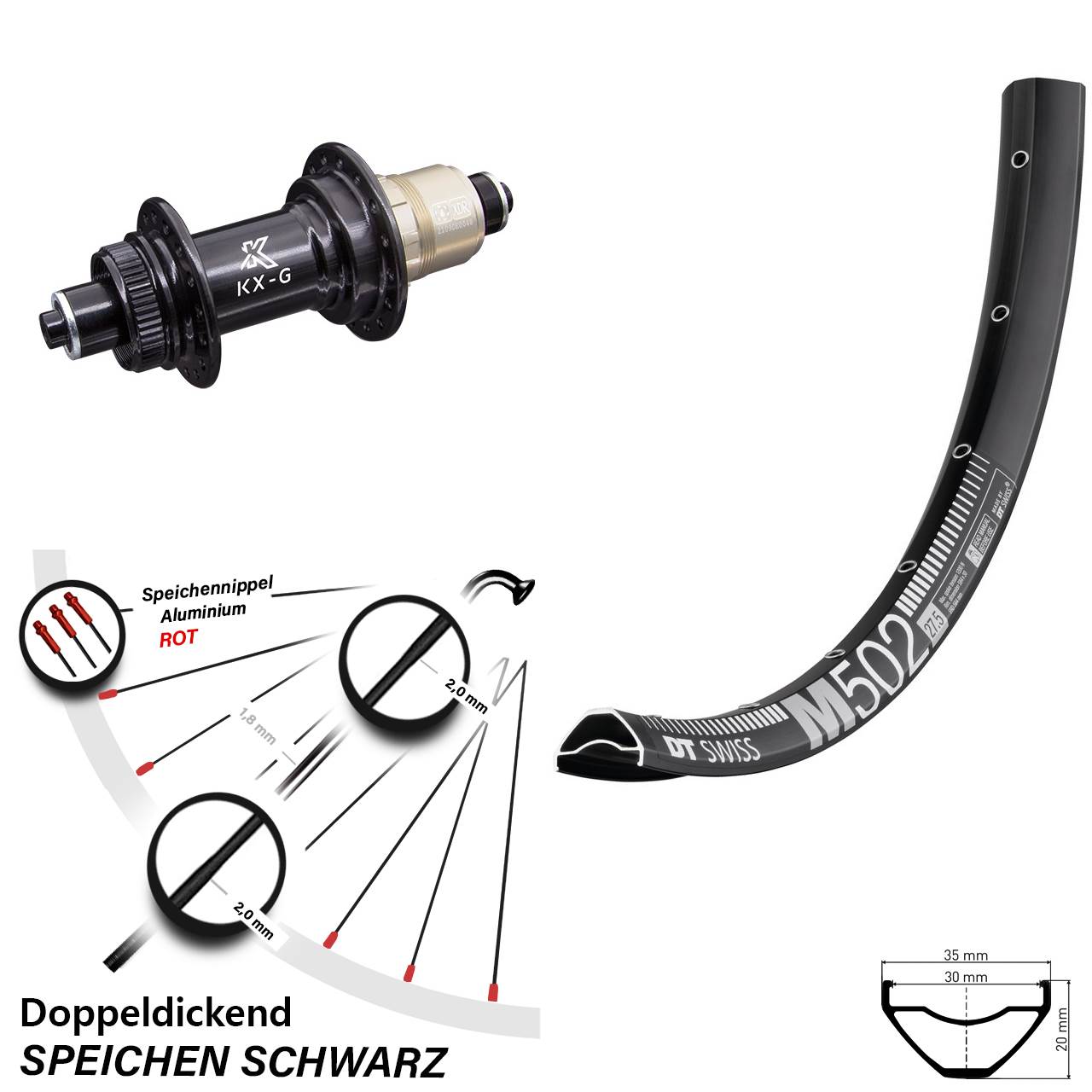 DT Swiss M502 KX-G XD-R 27,5 Zoll Disc Laufrad für Schnellspanner