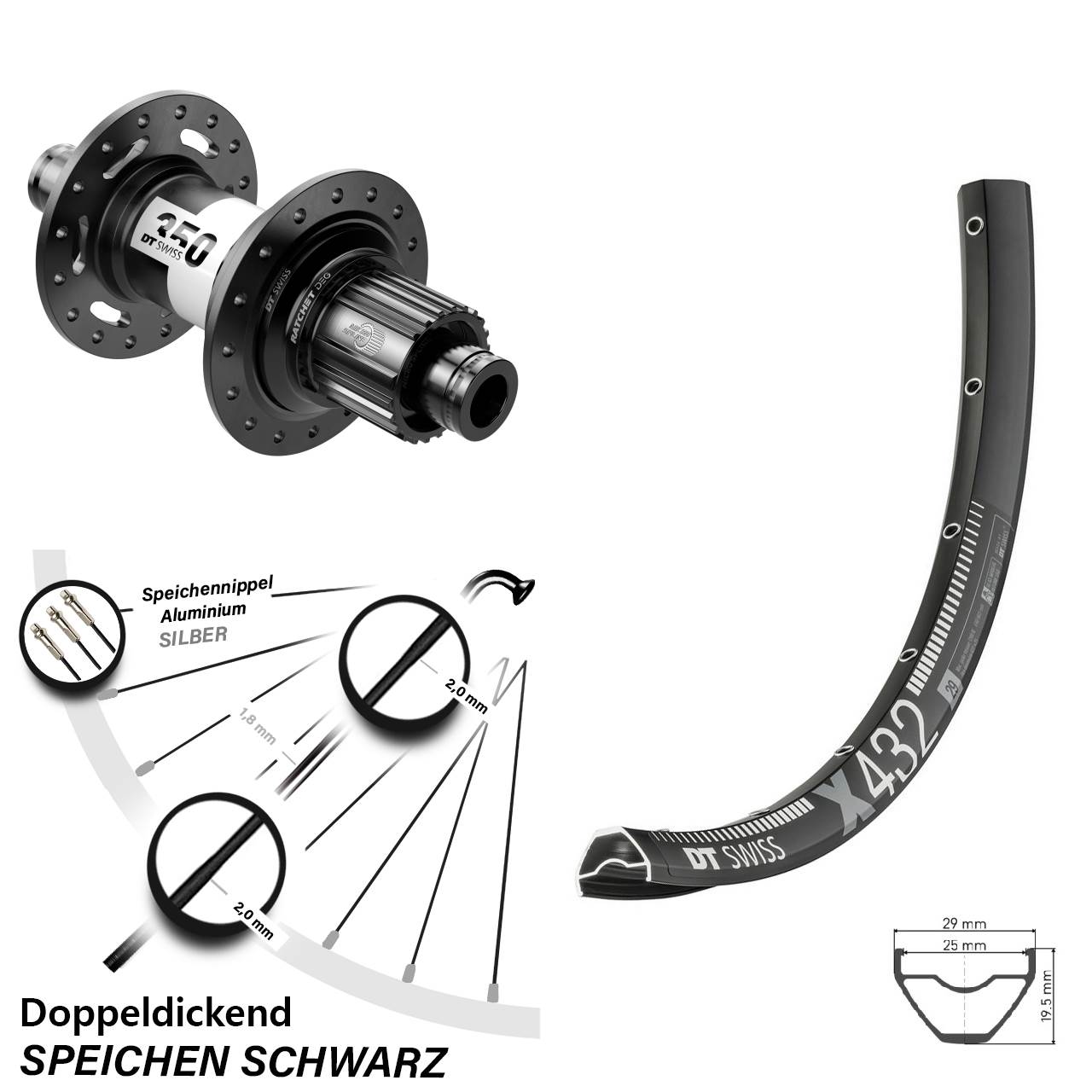 29 Zoll Hinterrad DT Swiss X 432-350 DEG72 Micro Spline Boost