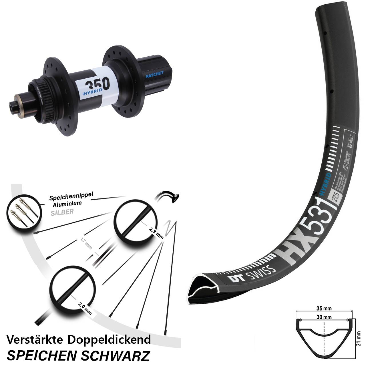 DT Swiss HX 531-Hybrid 350 29 Zoll Hinterrad für Schnellsp. Boost 8-11 fach