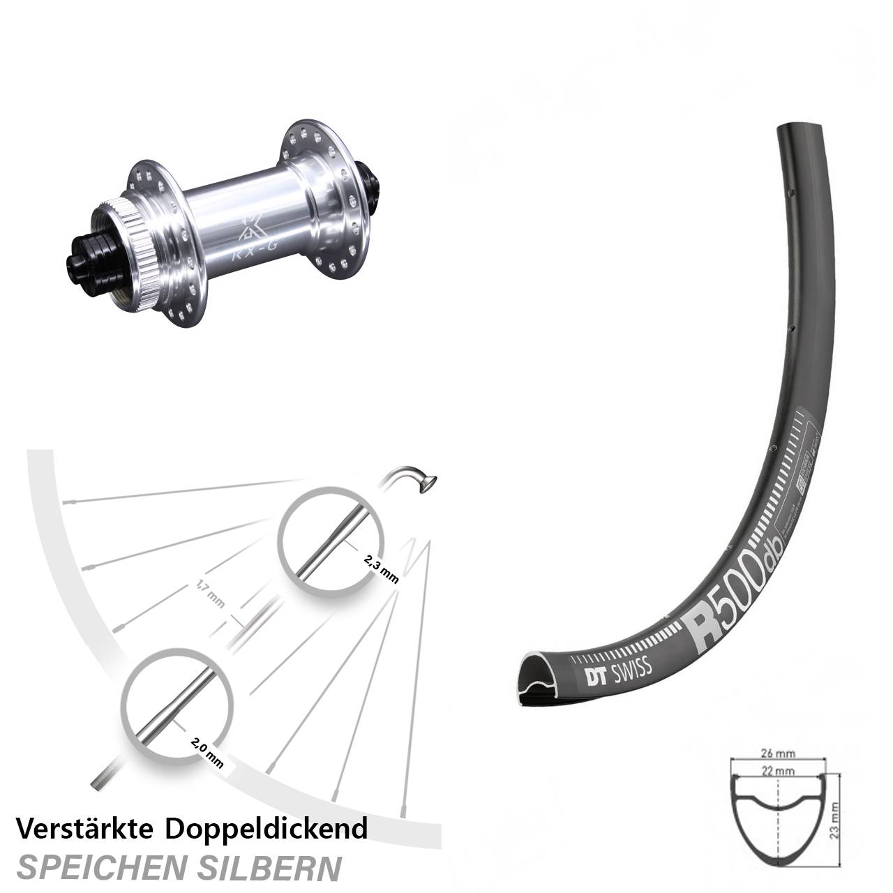 Road Disc DT Swiss R 500 Vorderrad 28 Zoll verstärkt mit KX-G silbern Centerlock