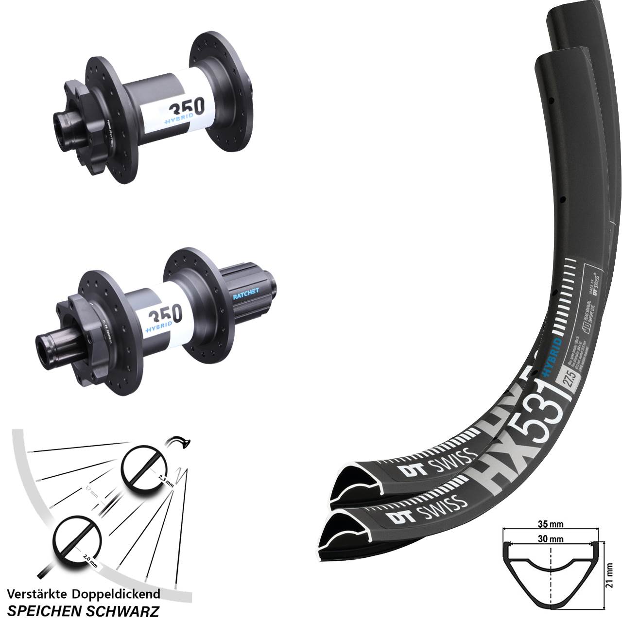 27,5 Zoll DT Swiss HX 531 Boost Disc Laufrad-Satz 15x110 12x148 8-11 fach HG