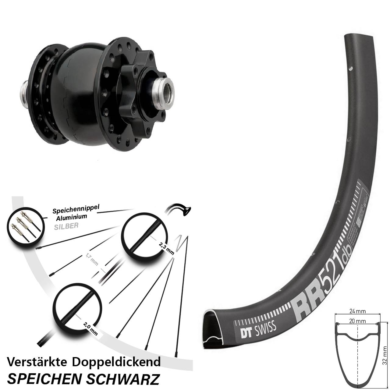 SON 28 Zoll DT Swiss RR521 6-Loch Nabendynamovorderrad 12x100