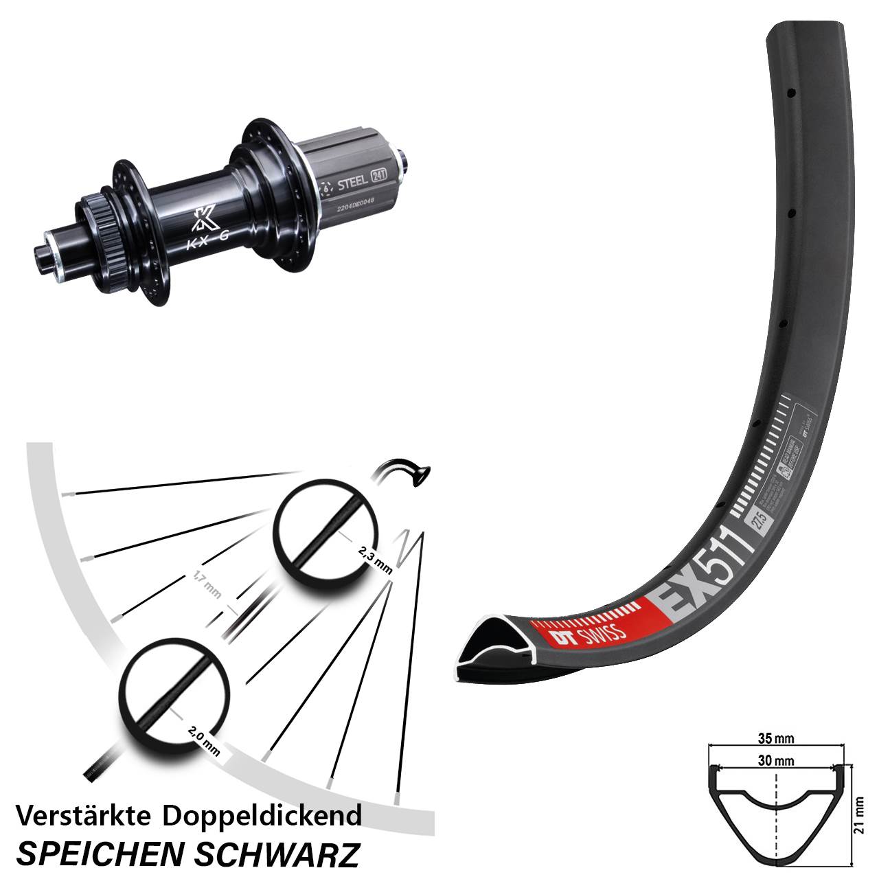 27,5 Zoll DT Swiss EX 511 KX-GS Disc Hinterrad für Schnellspanner 8-12 fach