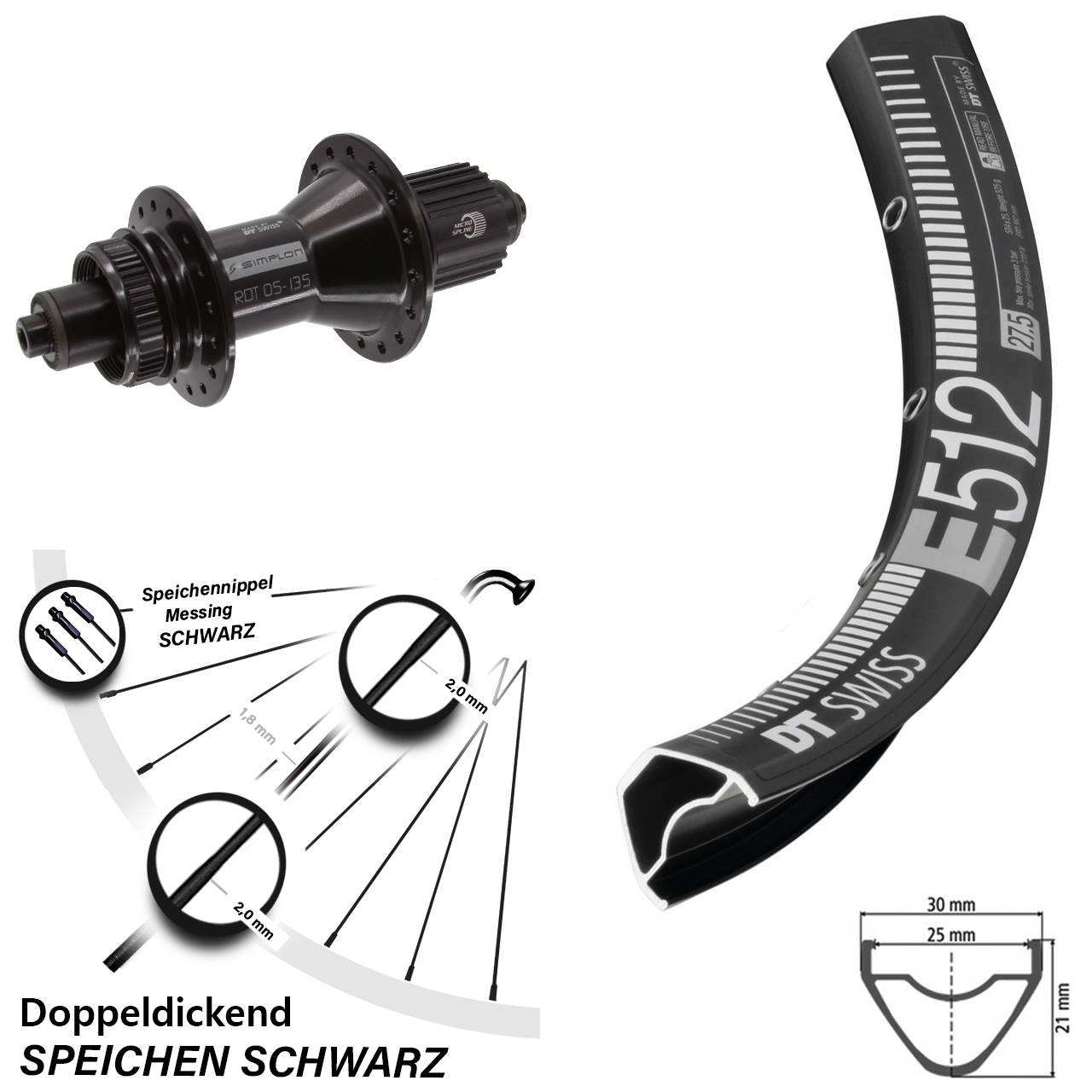 29 Zoll DT Swiss E512-370 Hybrid Disc Hinterrad für Schnellspanner Shimano Micro Spline